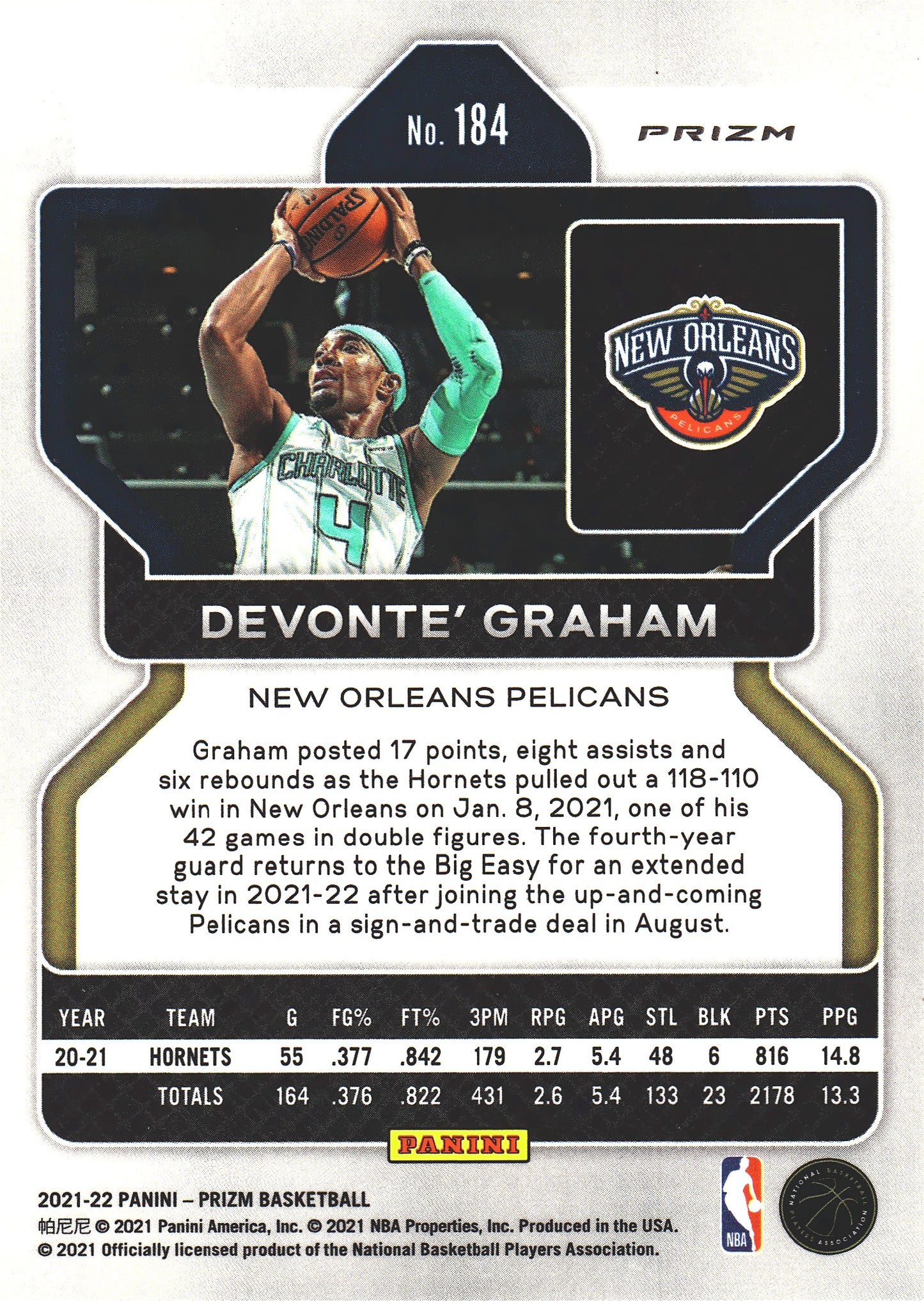 2021 Panini Prizm Blue White Red Devonte' Graham #184 New Orleans Pelicans