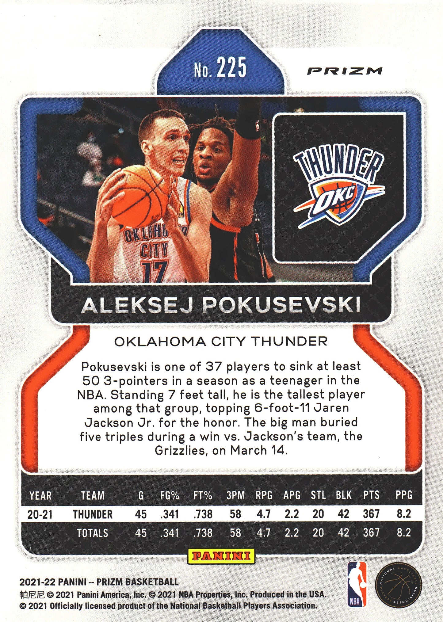 2021 Panini Prizm Blue White Red Aleksej Pokusevski #225 Oklahoma City Thunder