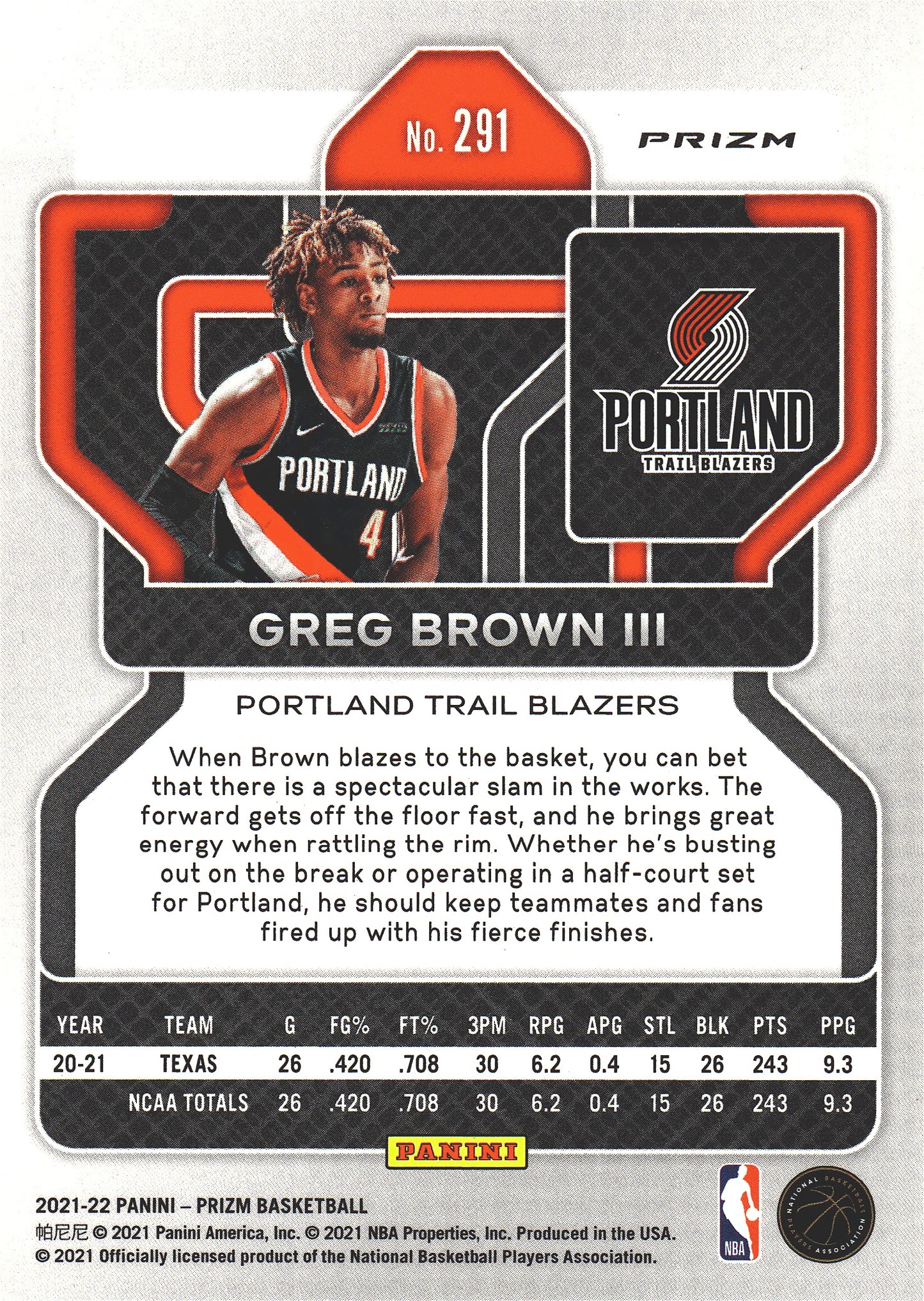 2021 Panini Prizm Blue White Red Greg Brown III RC #291 Portland Trail Blazers