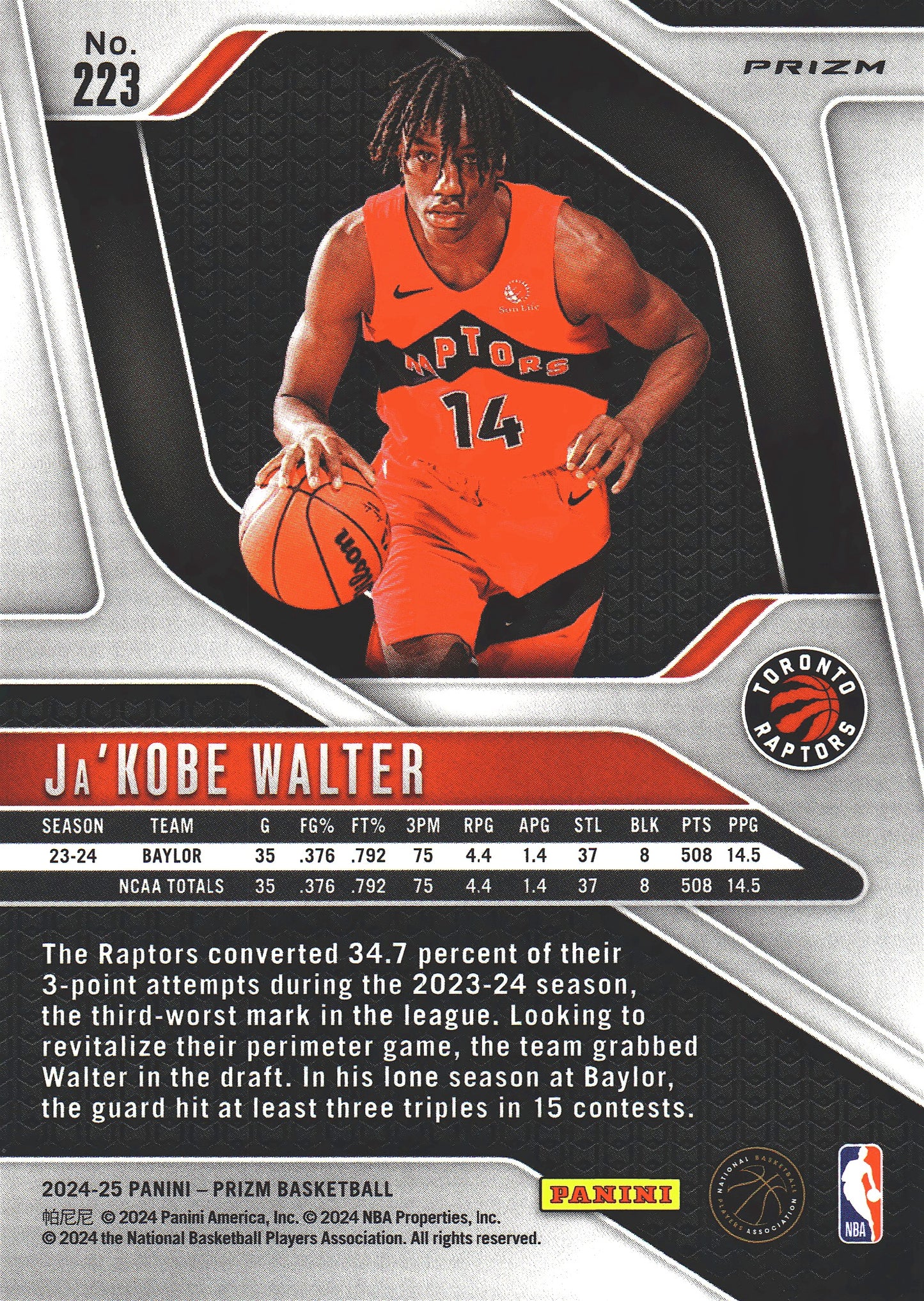 2024 Panini Prizm Chinese Ja'Kobe Walter RC #223 Toronto Raptors
