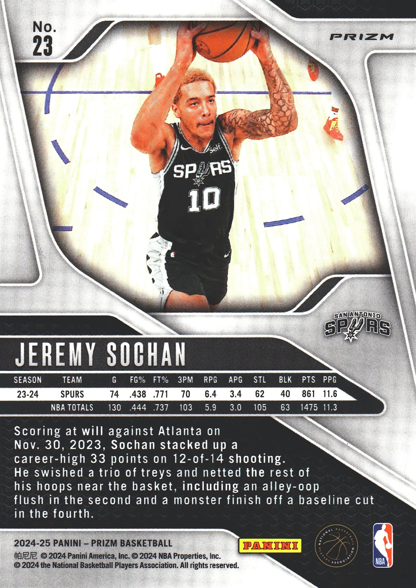 2024 Panini Prizm Silver Jeremy Sochan #23 San Antonio Spurs