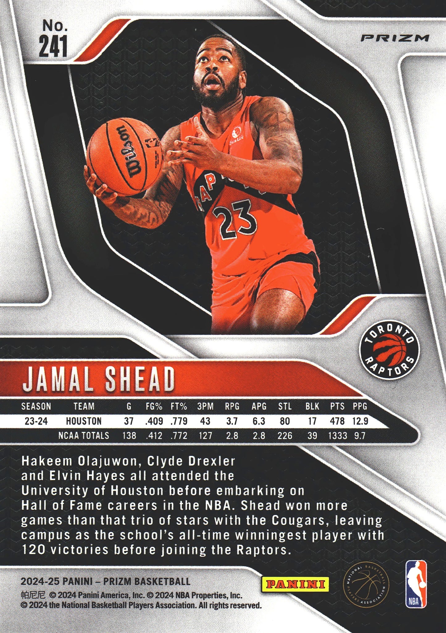 2024 Panini Prizm Chinese Jamal Shead RC #241 Toronto Raptors