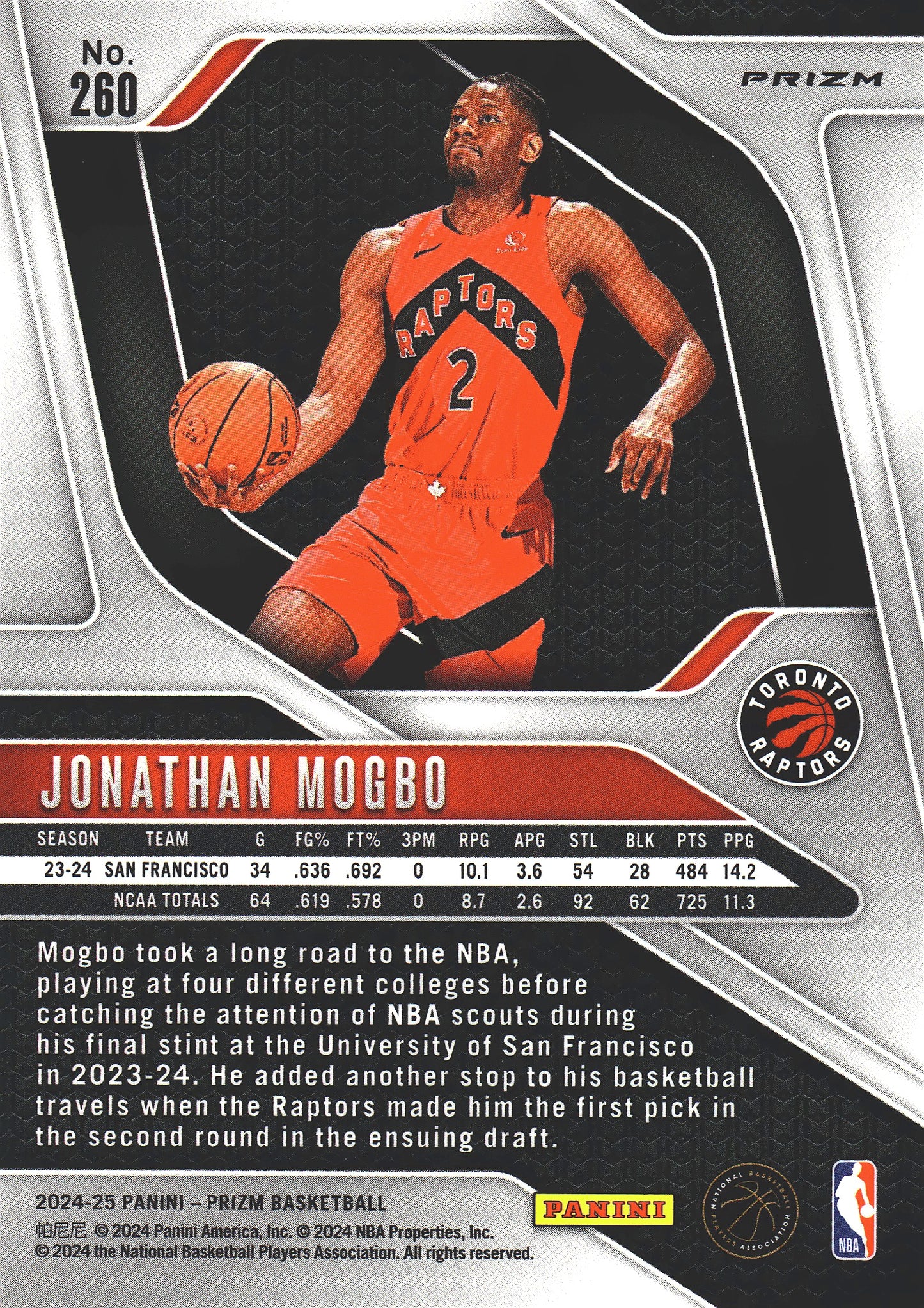 2024 Panini Prizm Chinese Jonathan Mogbo RC #260 Toronto Raptors