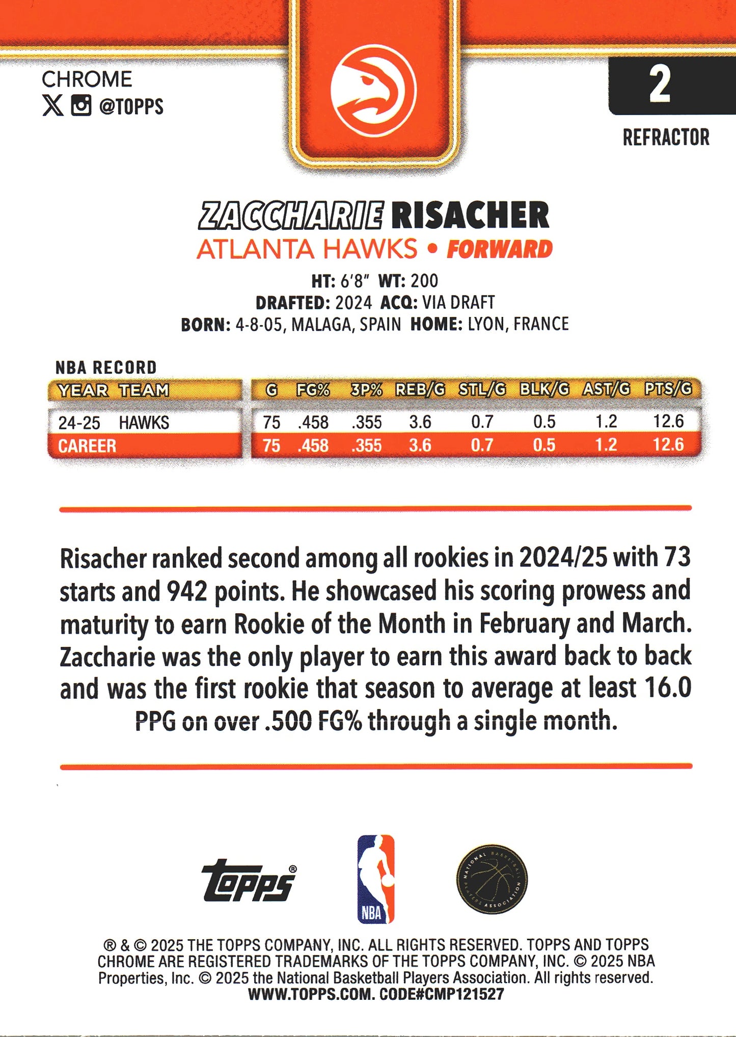 2025 Topps Chrome NBA Refractor Zaccharie Risacher RC #2 Atlanta Hawks