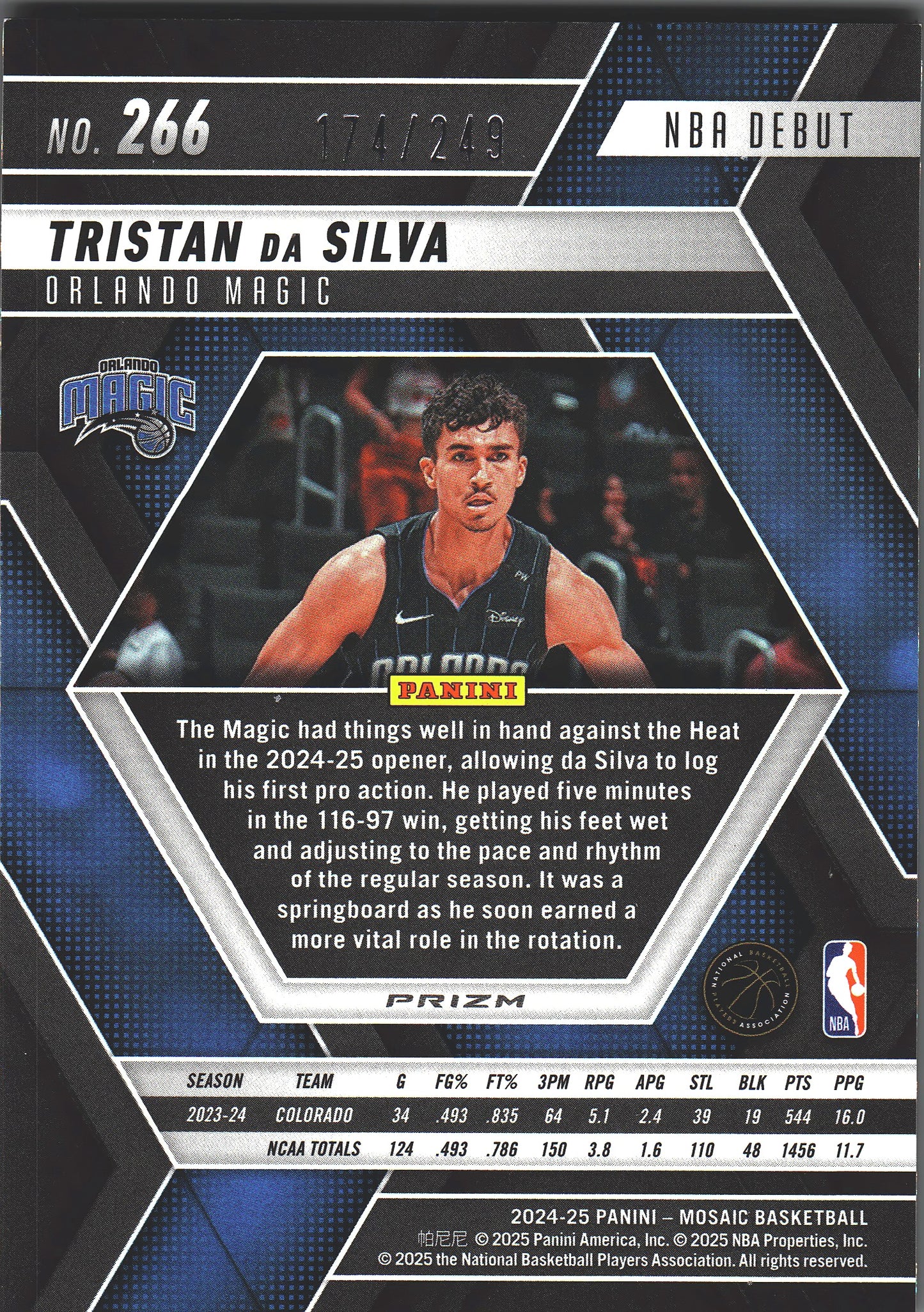 2024 Panini Mosaic Orange /249 Tristan Da Silva RC #266 Orlando Magic