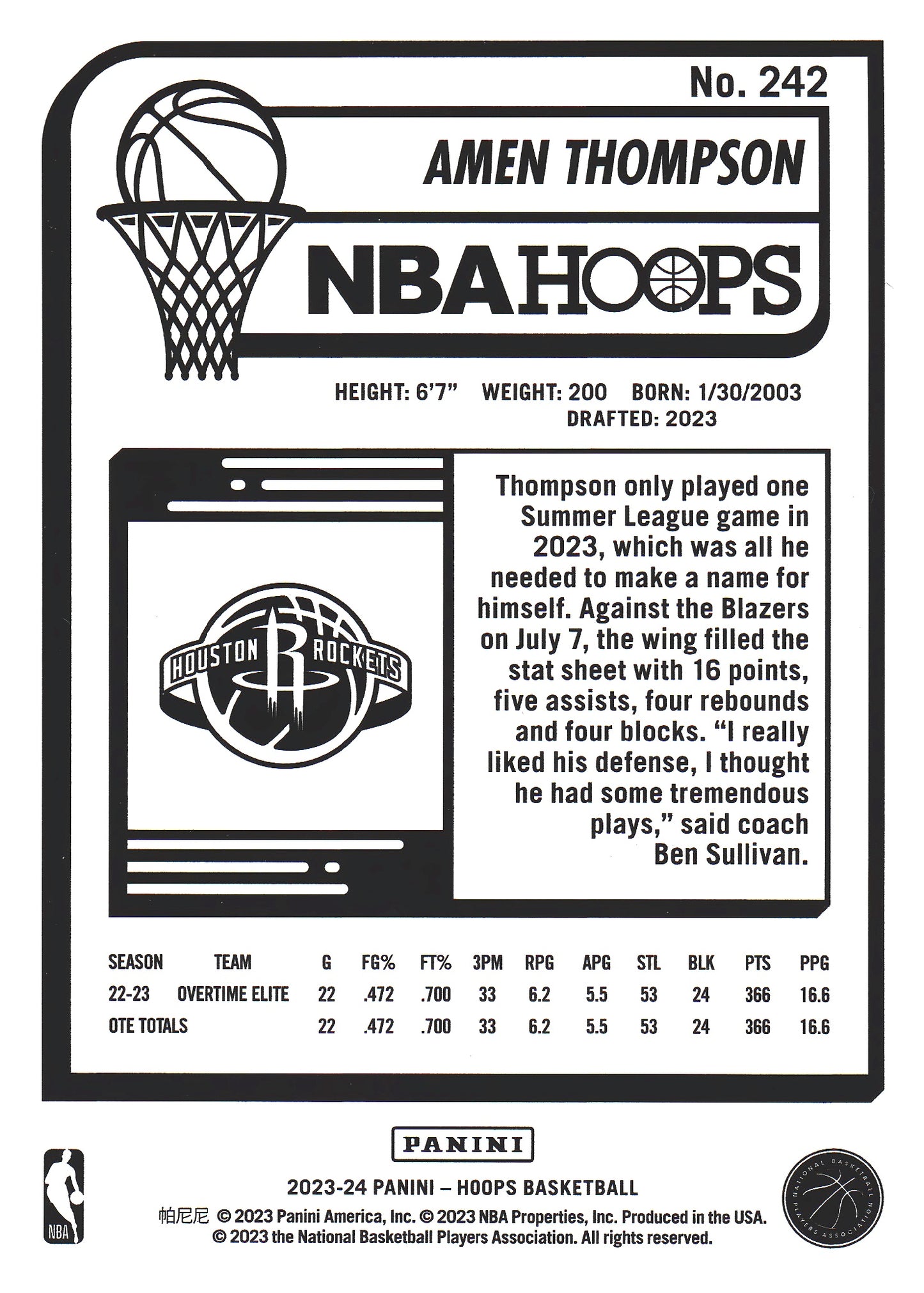 2023 Panini Hoops Amen Thompson RC #242 Houston Rockets