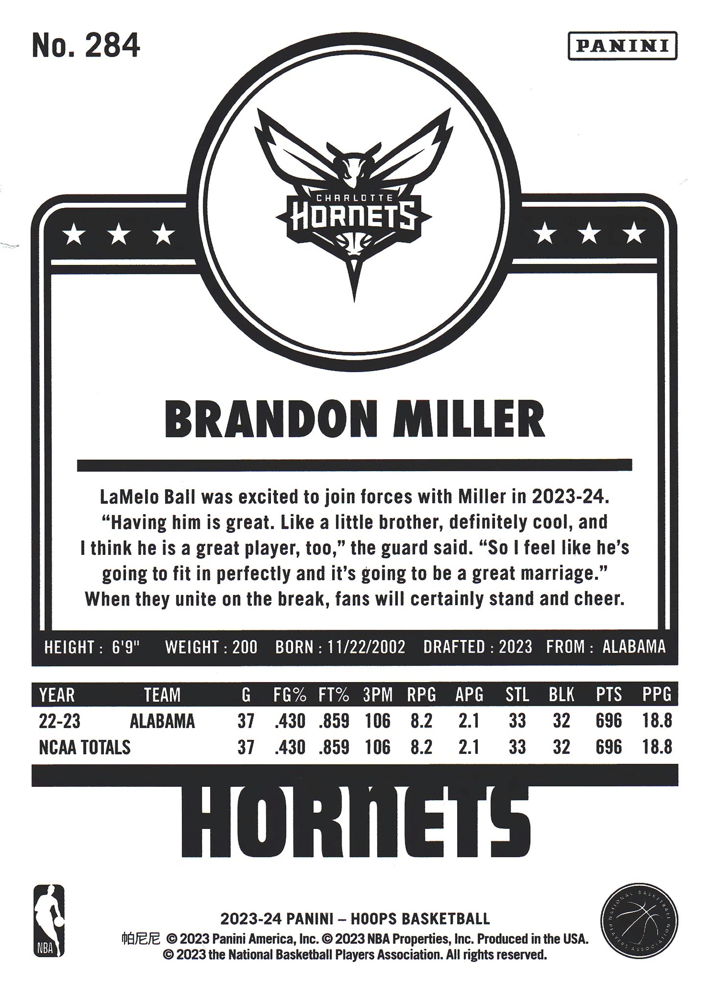 2023 Panini Hoops Green Brandon Miller RC #284 Charlotte Hornets