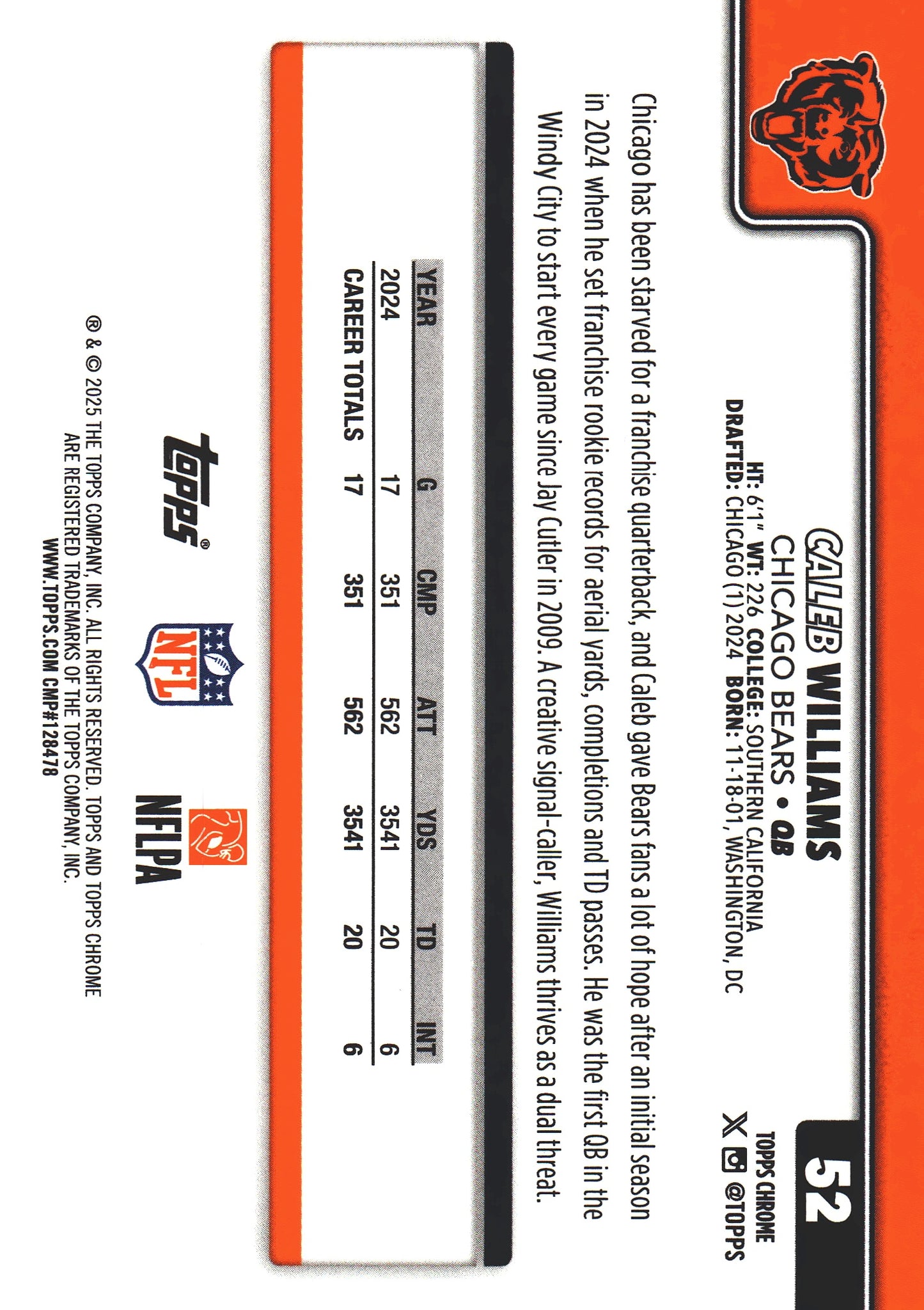 2025 Topps Chrome Caleb Williams Team Camo Variation SP #52 Chicago Bears