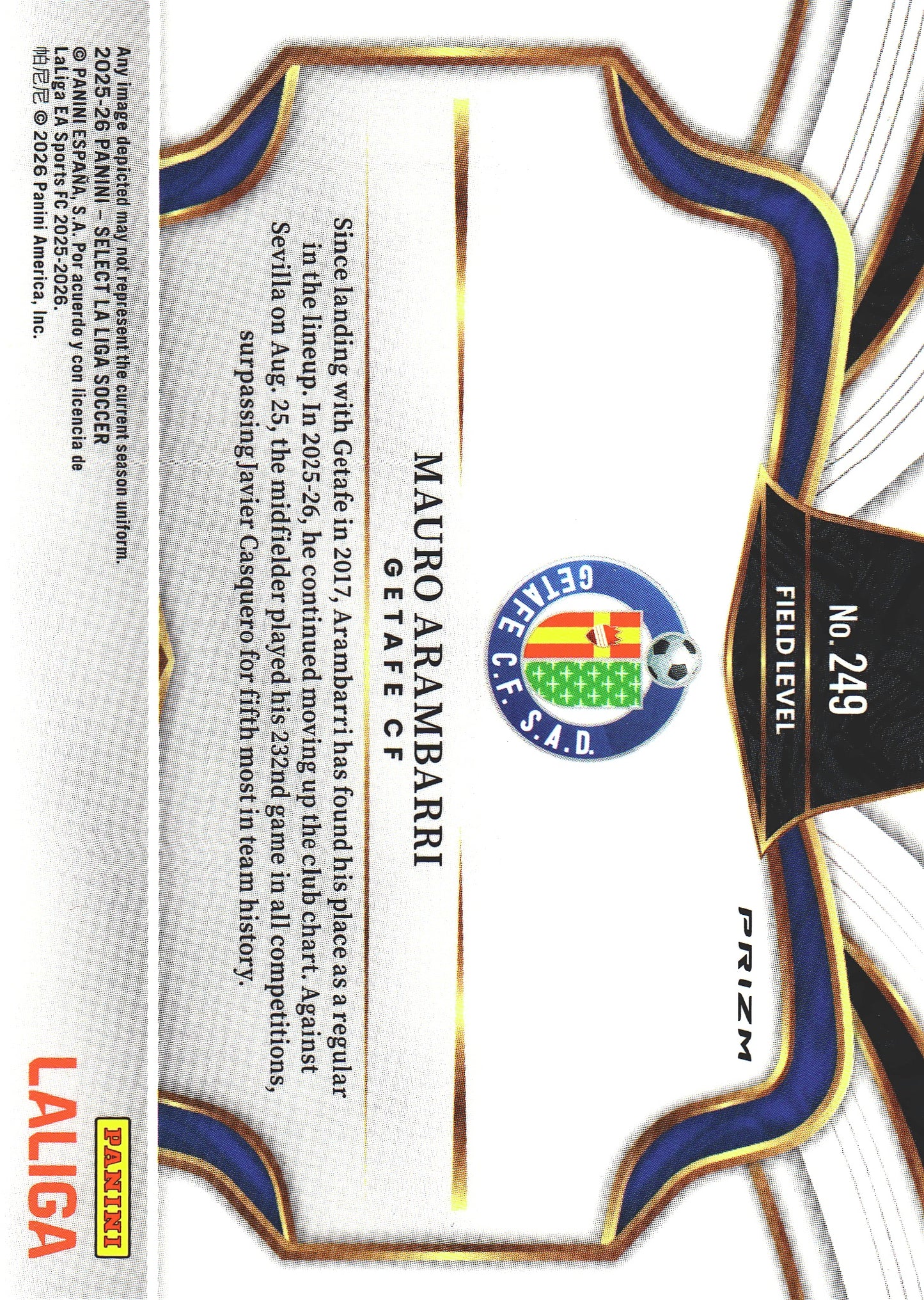 2025 Panini Select La Liga Field Level Silver Mauro Arambarri #249 Getafe CF
