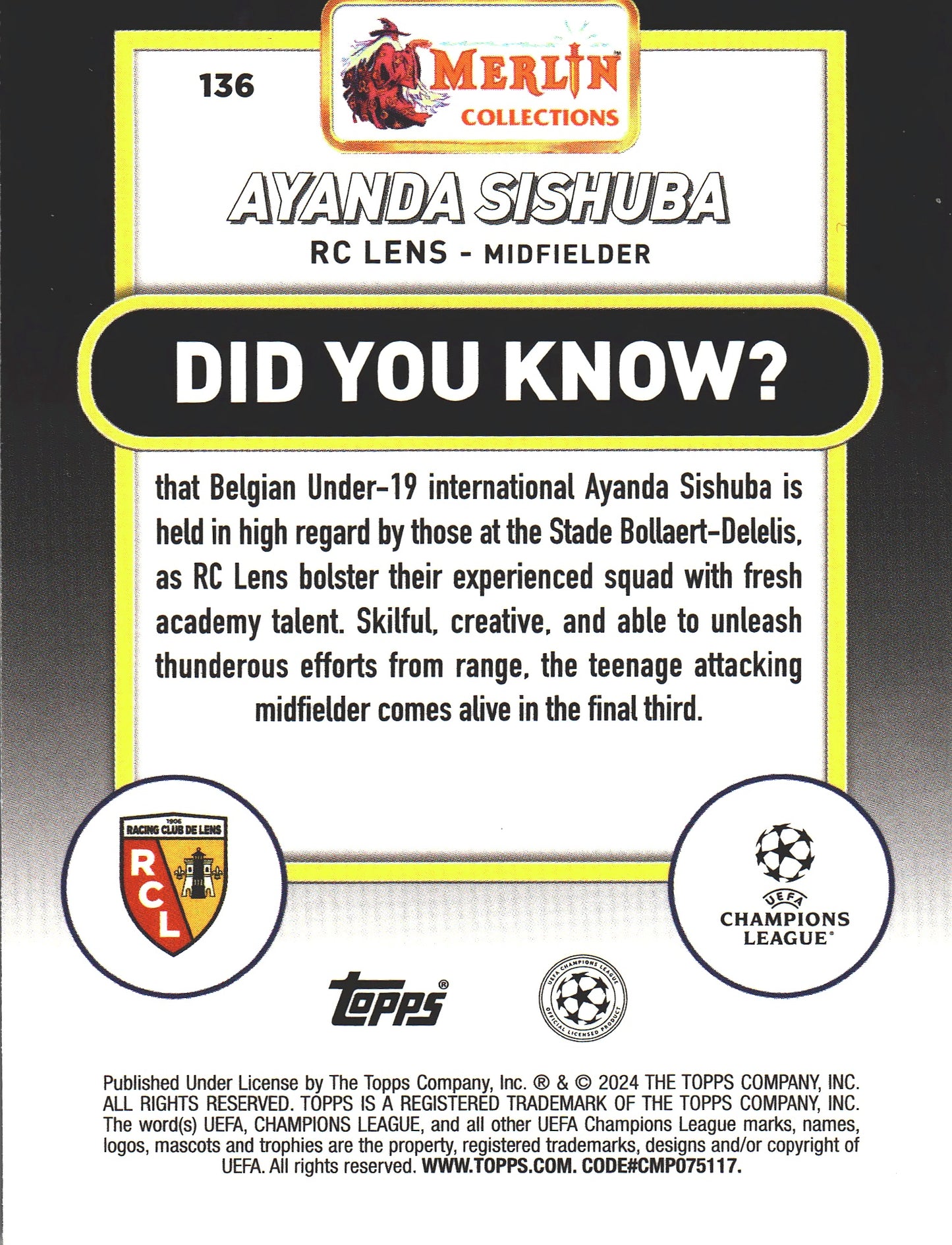 2023 Topps Merlin UCC Chrome Ayanda Sishuba RC /50 #136 RC Lens