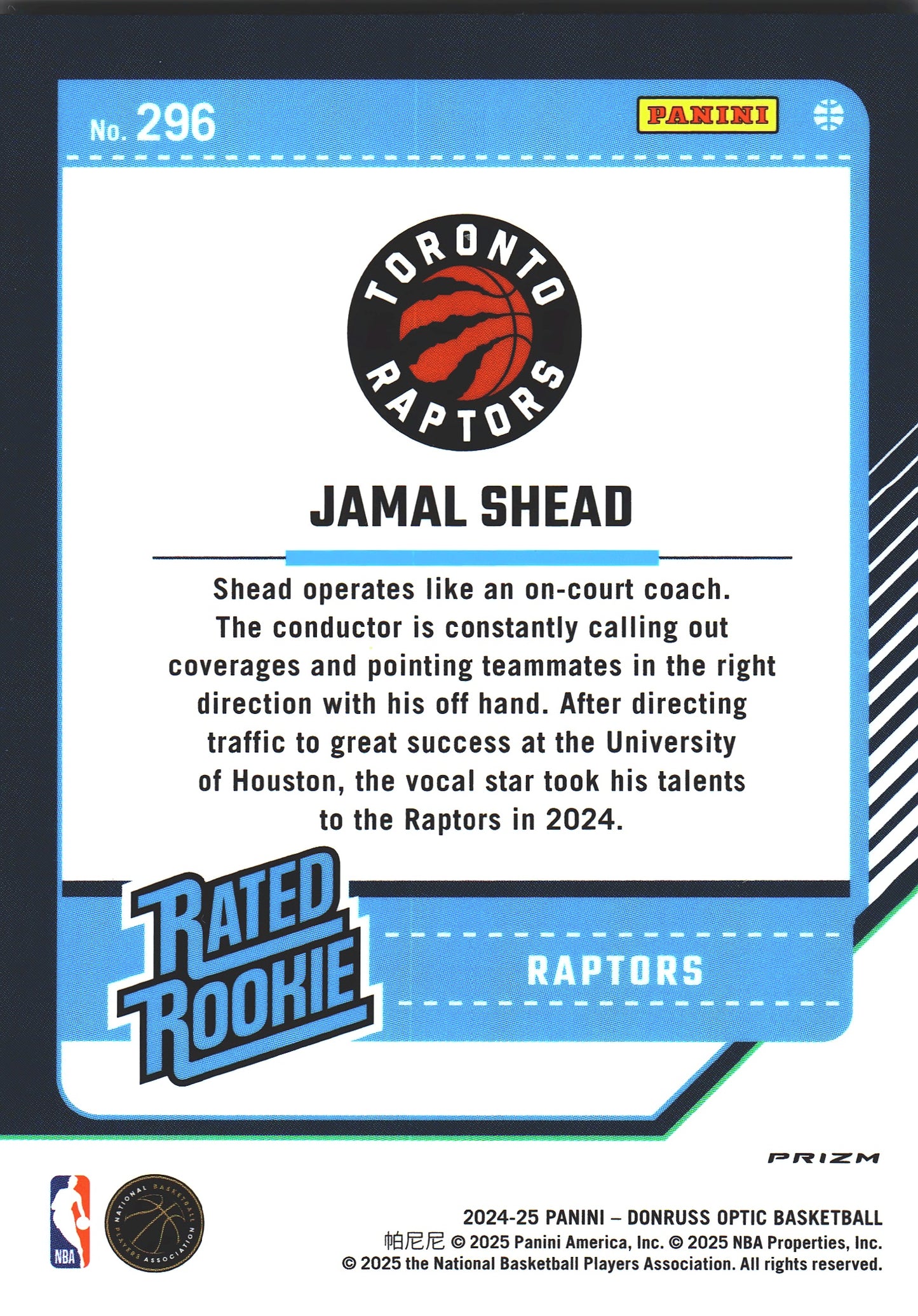 2024 Panini Donruss Optic Rated Rookie Holo Jamal Shead #296 Toronto Raptors