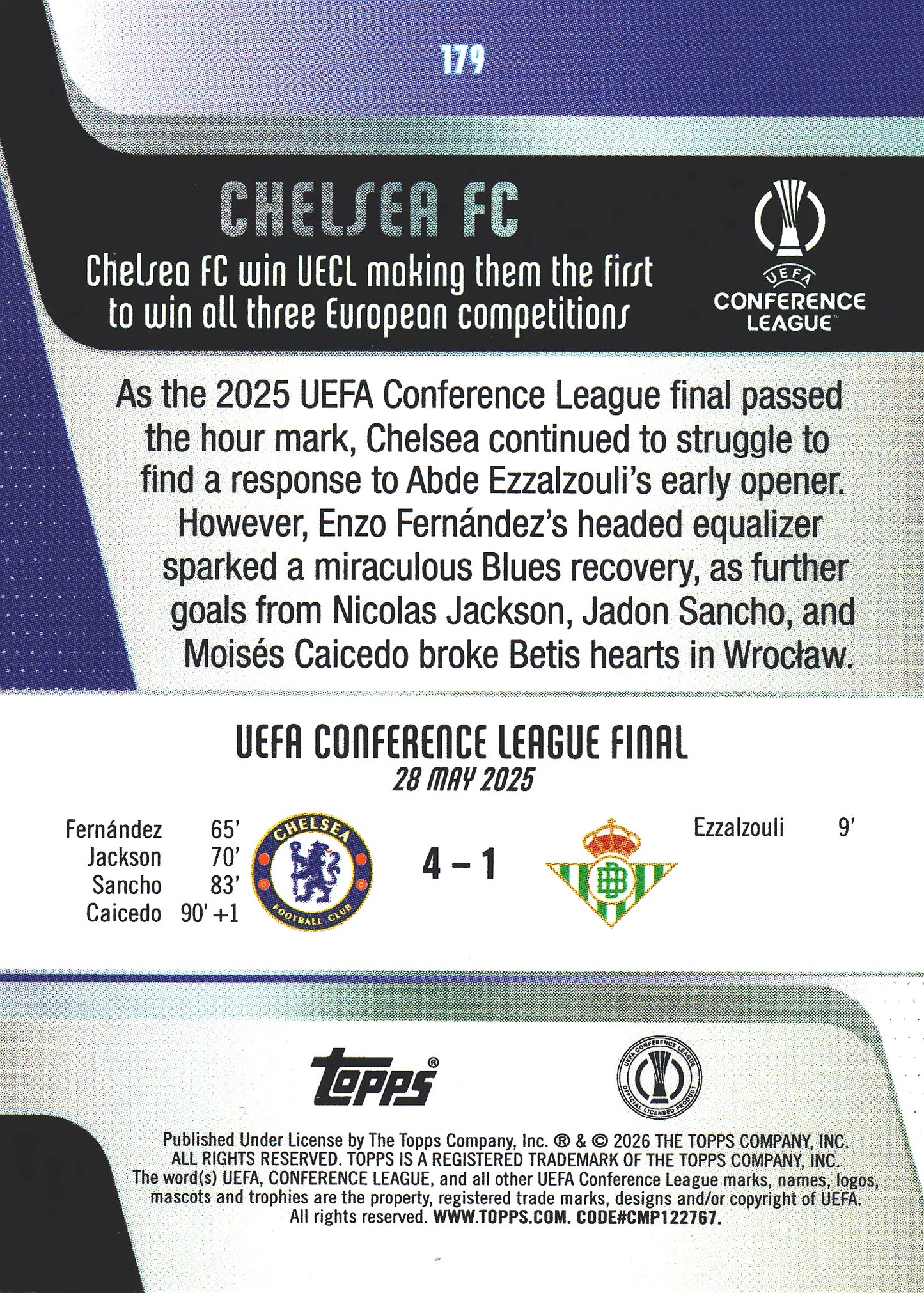 2025 Topps Flagship UCC Chelsea Title Winners Blue /150 #179 Chelsea FC