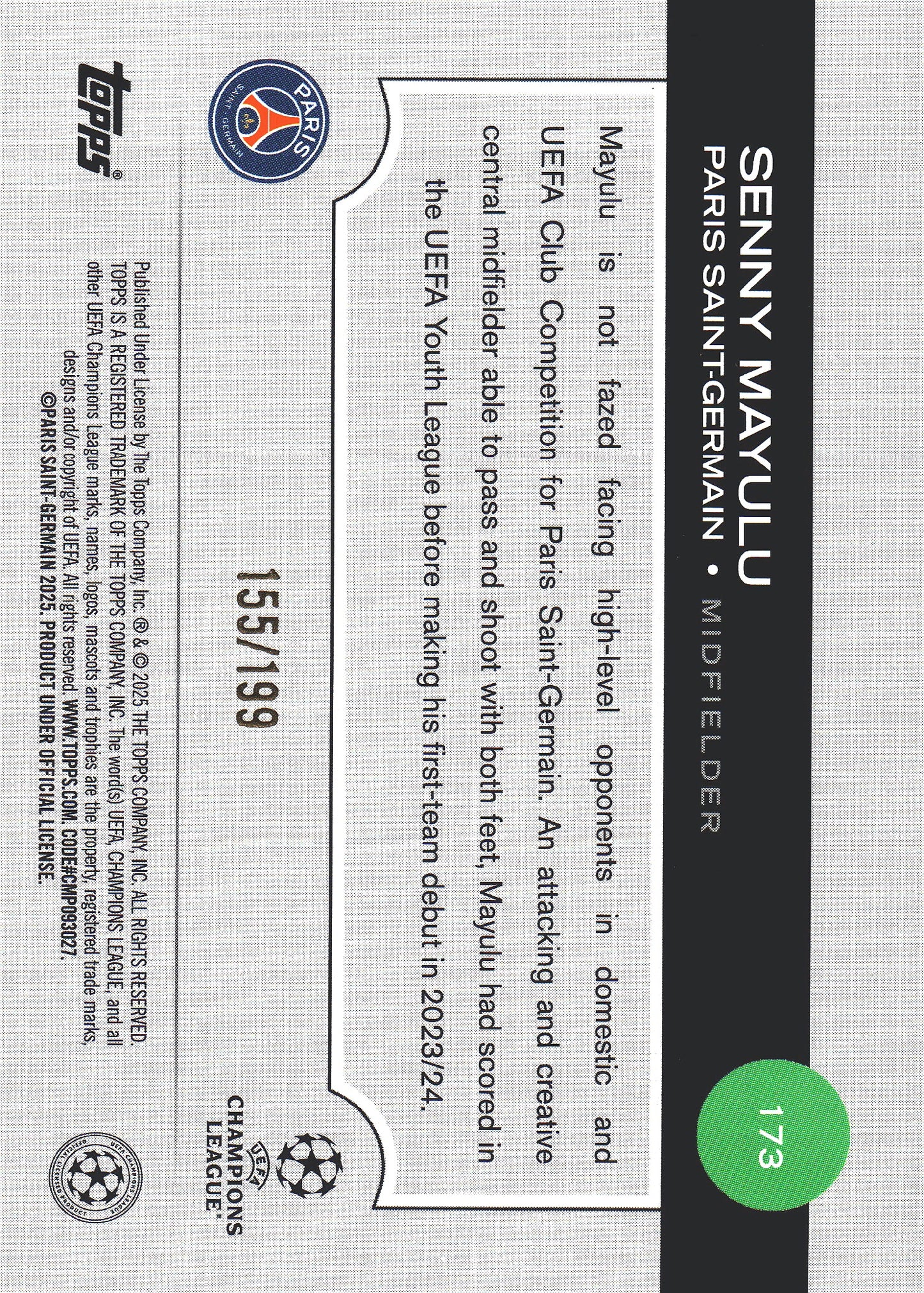 2024 Topps Flagship UCC Green /199 Senny Mayulu RC #173 Paris Saint-Germain