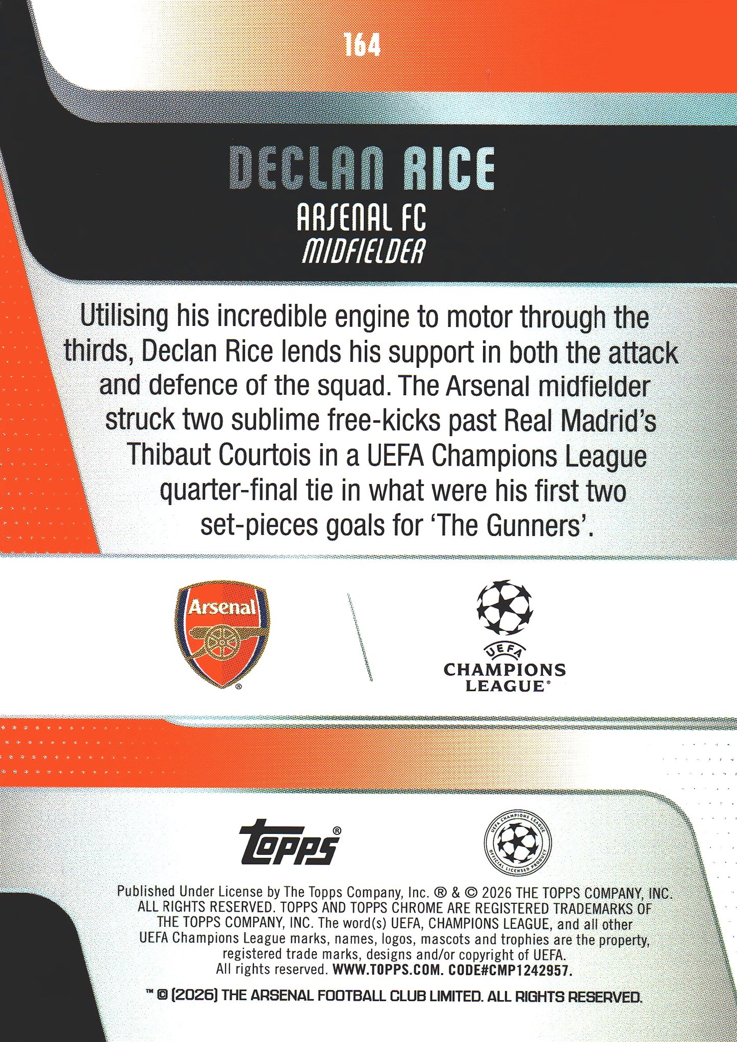 2025 Topps Chrome UCC Declan Rice #164 Arsenal FC