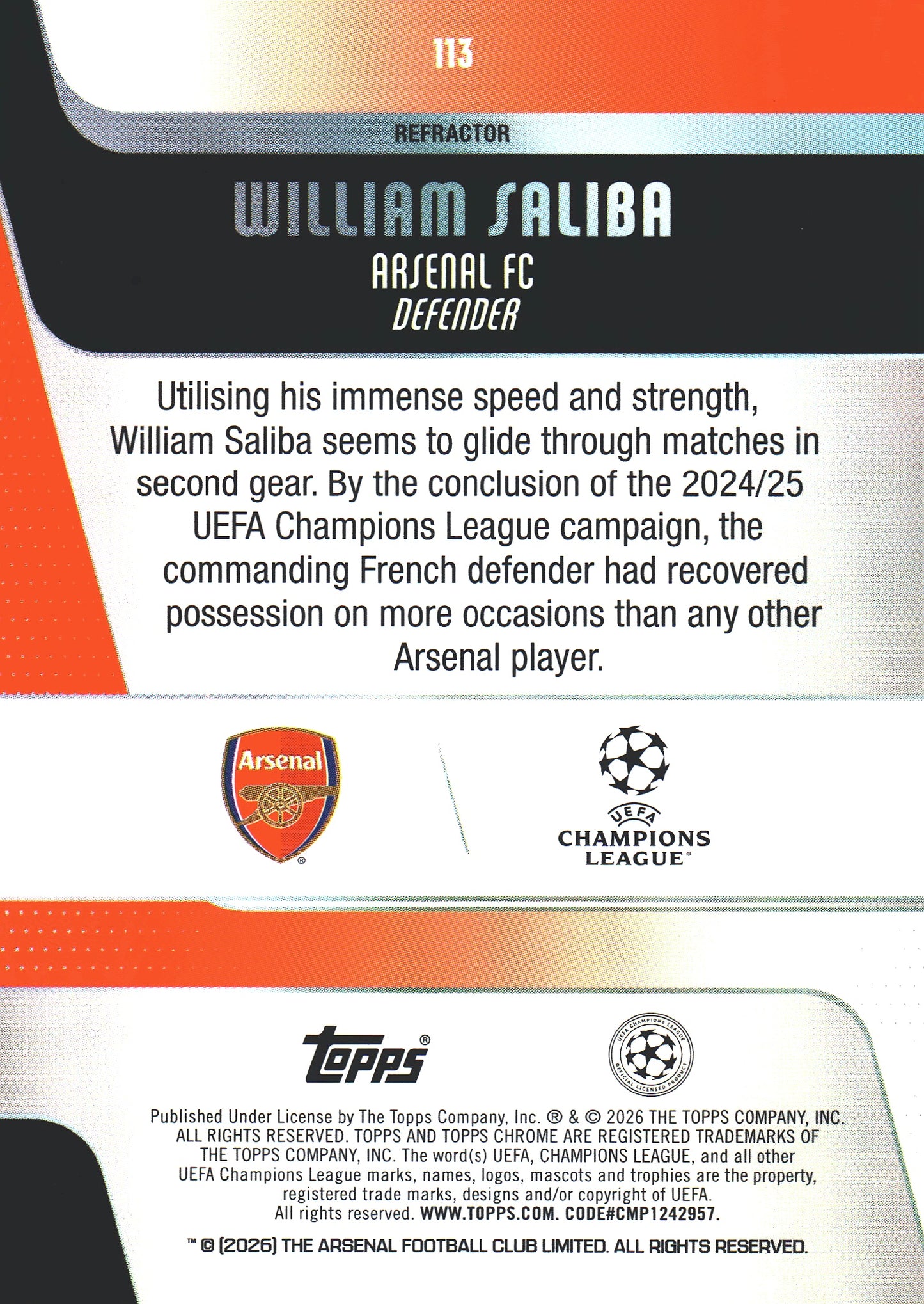 2025 Topps Chrome UCC Refractor William Saliba #113 Arsenal FC