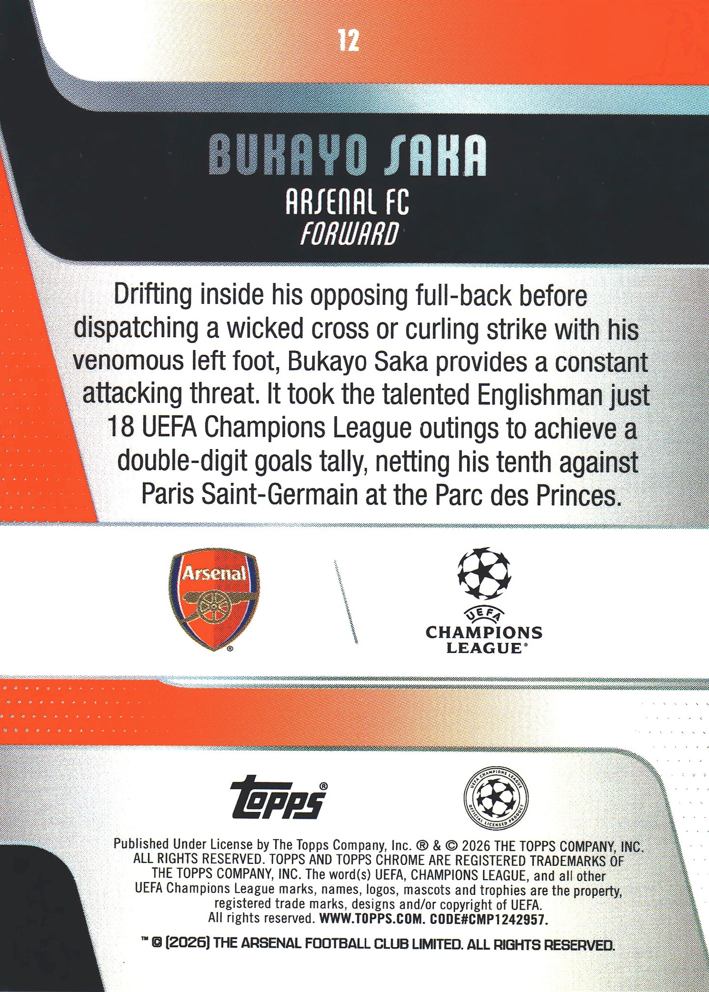 2025 Topps Chrome UCC Aqua /299 Bukayo Saka #12 Arsenal FC