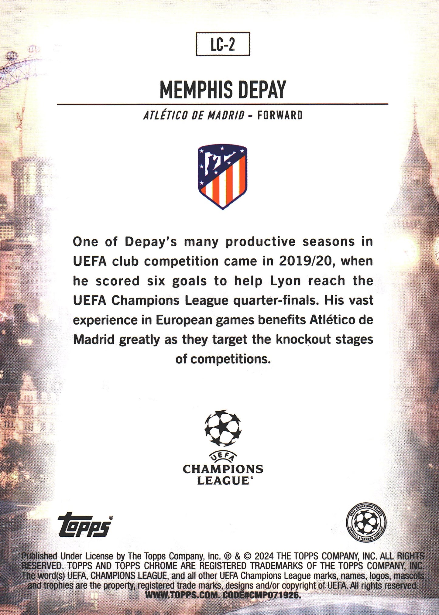2024 Topps Chrome UCC London Calling Orange Lava Memphis Depay #LC-2 Atlético Madrid
