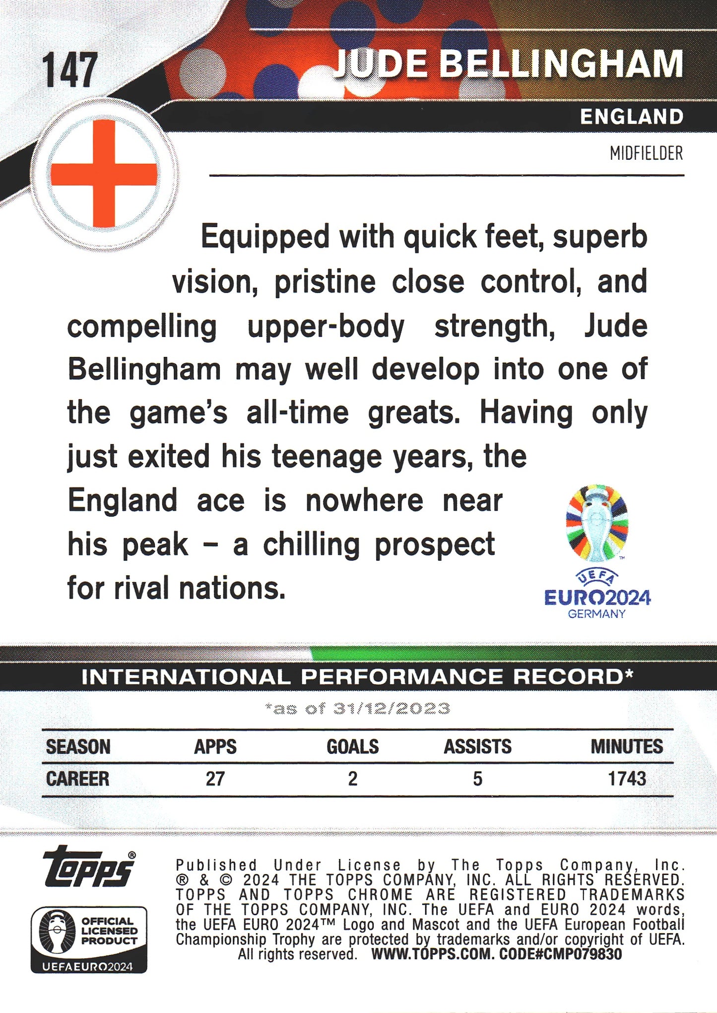 2024 Topps Chrome EURO Sapphire Jude Bellingham #147 England