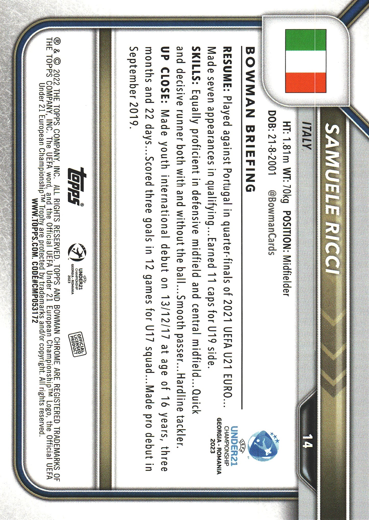2022 Bowman Chrome Road to UEFA U21 Samuele Ricci 1st #14 Italy