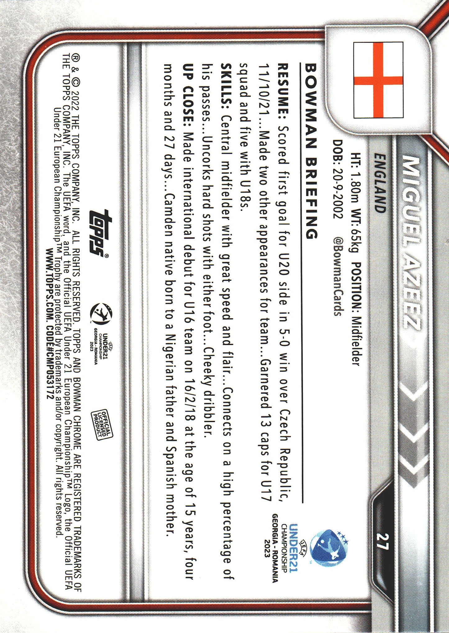 2022 Bowman Chrome Road to UEFA U21 Miguel Azeez 1st #27 England