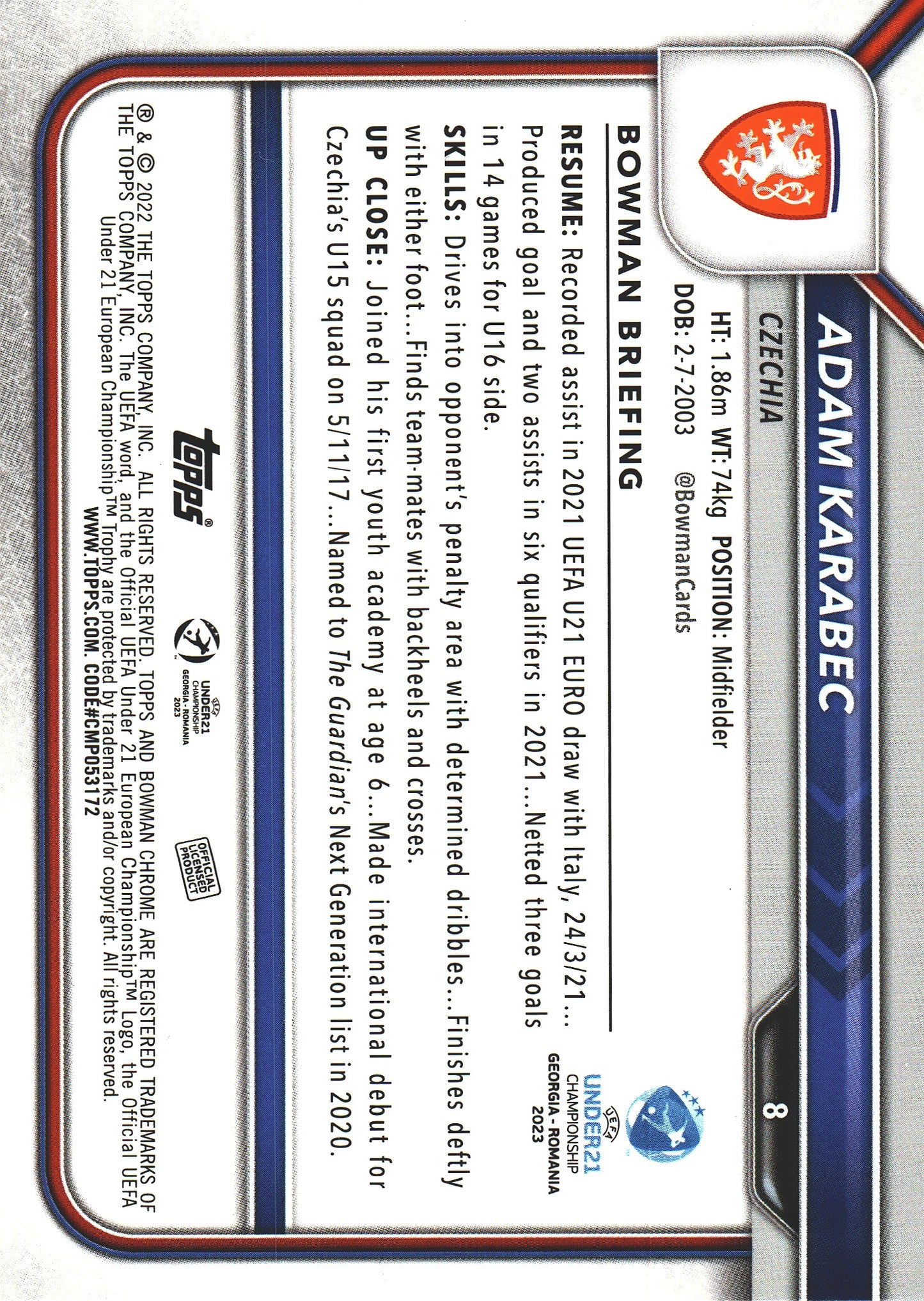 2022 Bowman Chrome Road to UEFA U21 Black & White Adam Karabec #8 Czech Republic