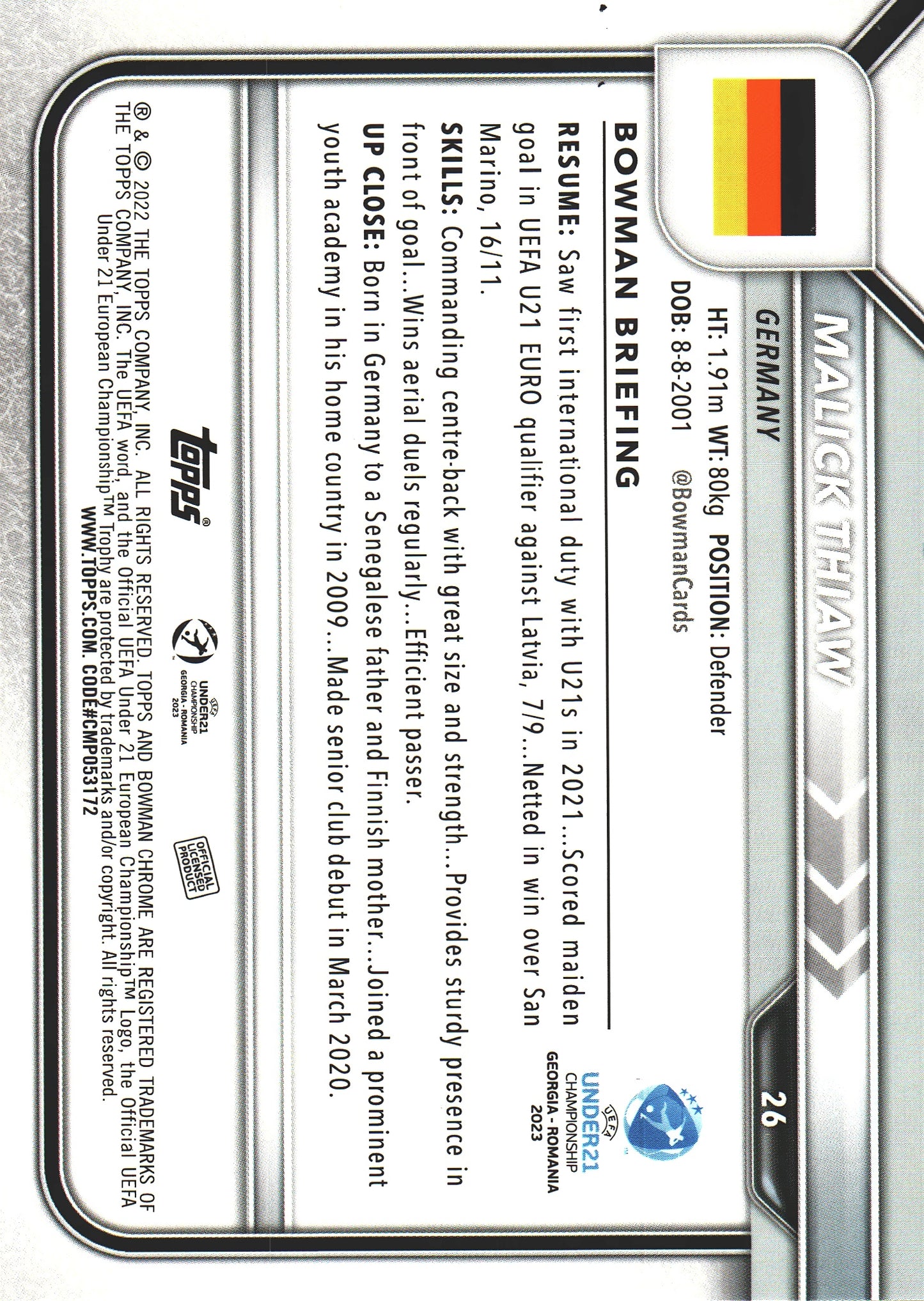 2022 Bowman Chrome Road to UEFA U21 Black & White Malick Thiaw #26 Germany