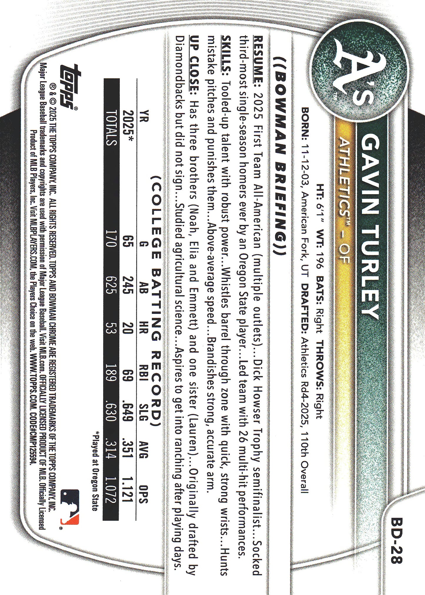 2025 Topps Bowman Draft Sky Blue /499 Gavin Turley 1st #BD-28 Athletics