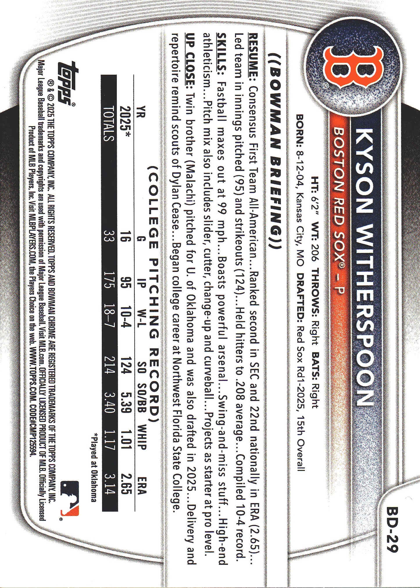 2025 Topps Bowman Draft Sky Blue /499 Kyson Witherspoon 1st #BD-29 Boston Red Sox