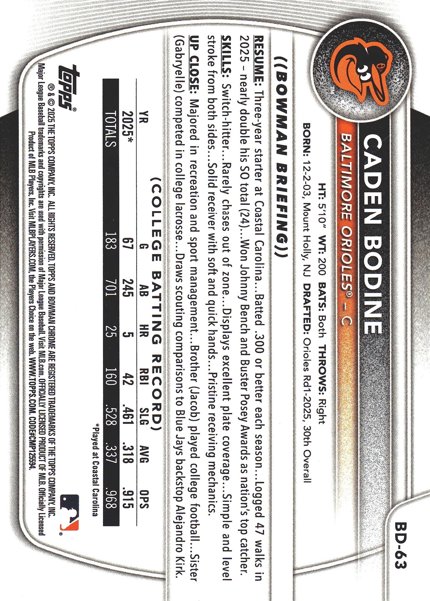 2025 Topps Bowman Draft Sky Blue /499 Caden Bodine 1st #BD-63 Baltimore Orioles