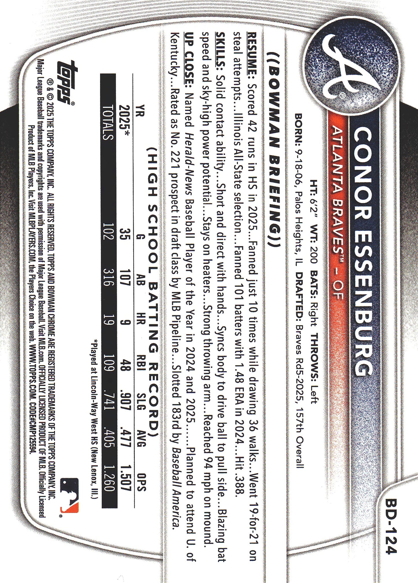2025 Topps Bowman Draft Sky Blue /499 Conor Essenburg 1st #BD-124 Atlanta Braves
