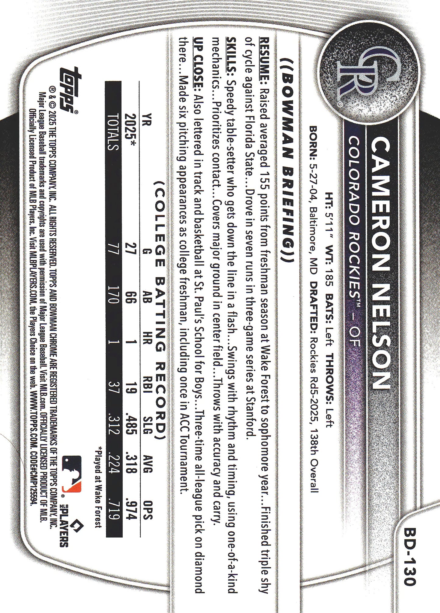 2025 Topps Bowman Draft Sky Blue /499 Cameron Nelson 1st #BD-130 Colorado Rockies