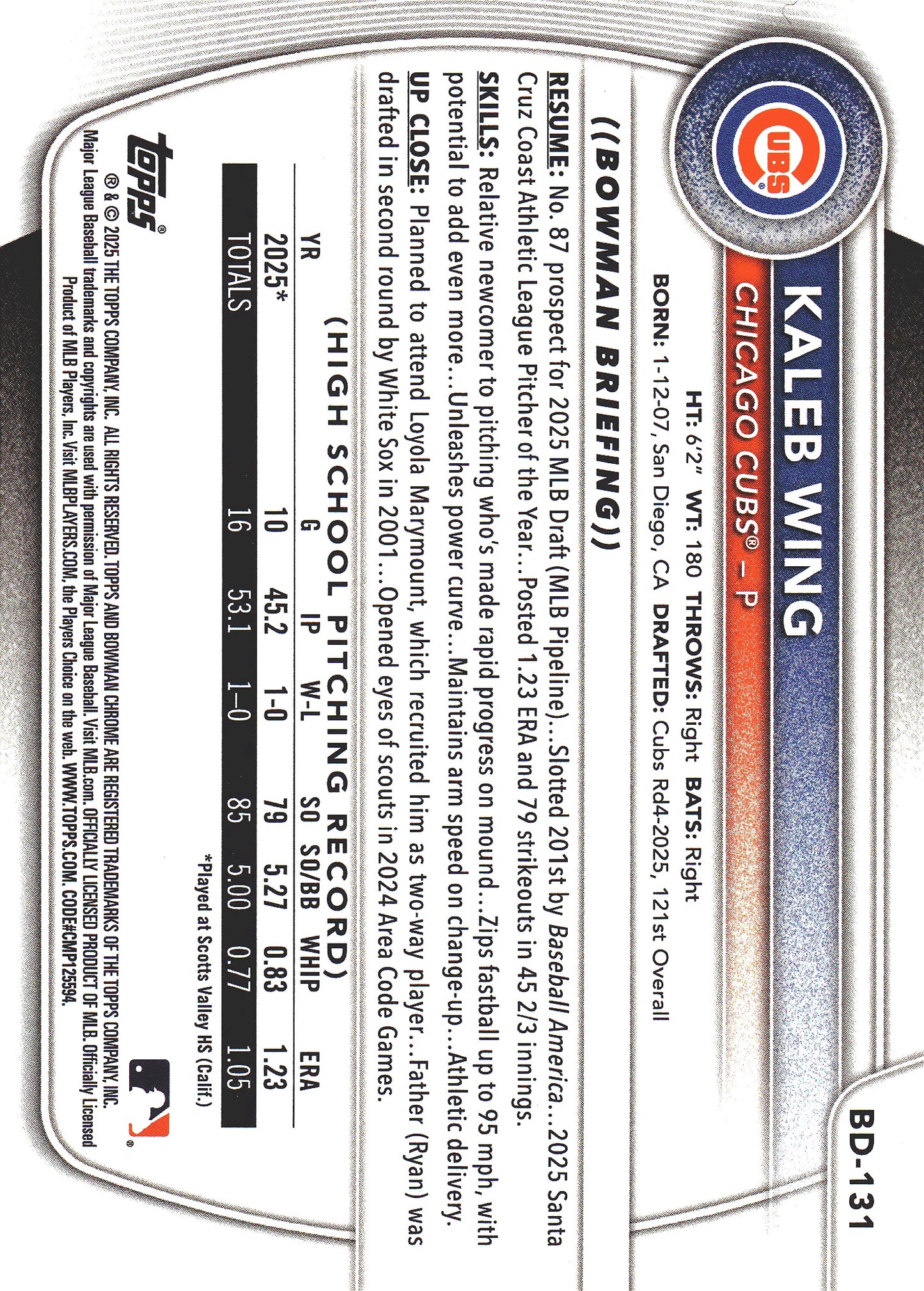 2025 Topps Bowman Draft Sky Blue /499 Kaleb Wing 1st #BD-131 Chicago Cubs