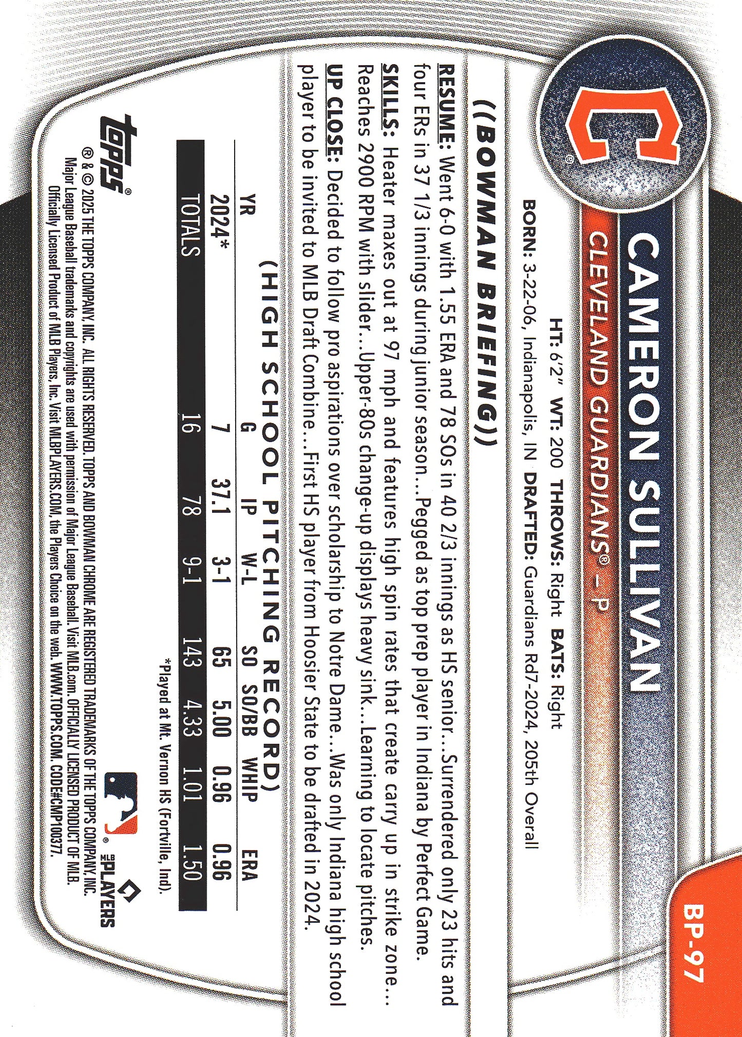 2025 Topps Bowman Prospects Purple /250 Cameron Sullivan 1st #BP-97 Cleveland Guardians