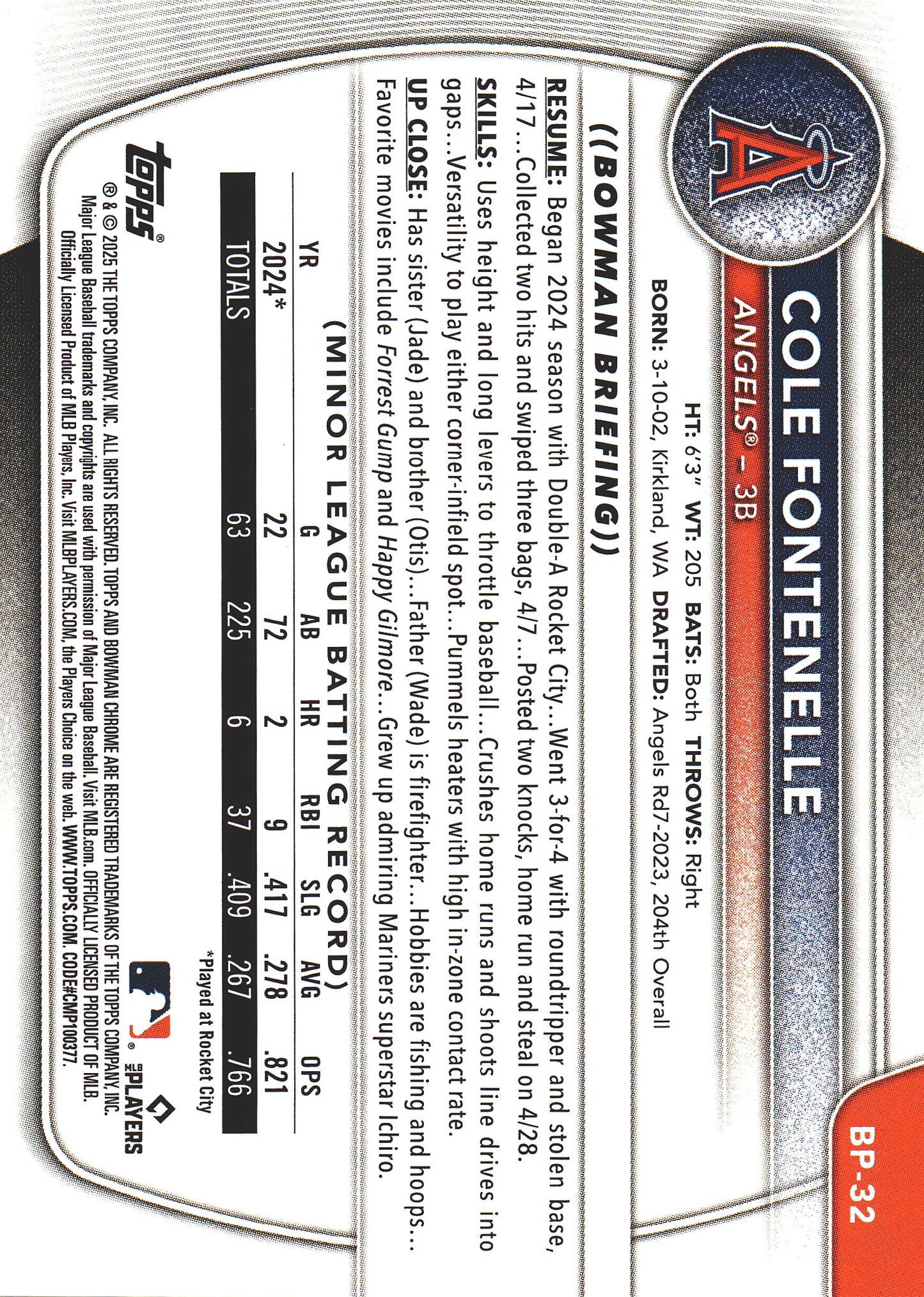 2025 Topps Bowman Prospects Green Bandana /99 Cole Fontenelle 1st #BP-32 Los Angeles Angels
