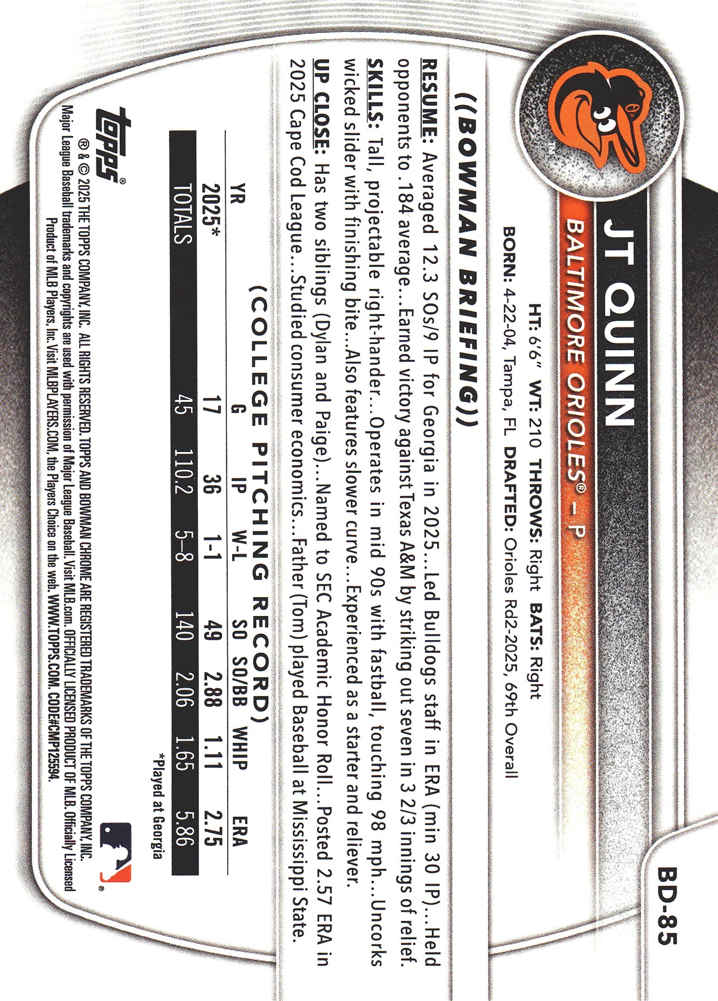 2025 Topps Bowman Draft Green /99 JT Quinn 1st #BD-85 Baltimore Orioles