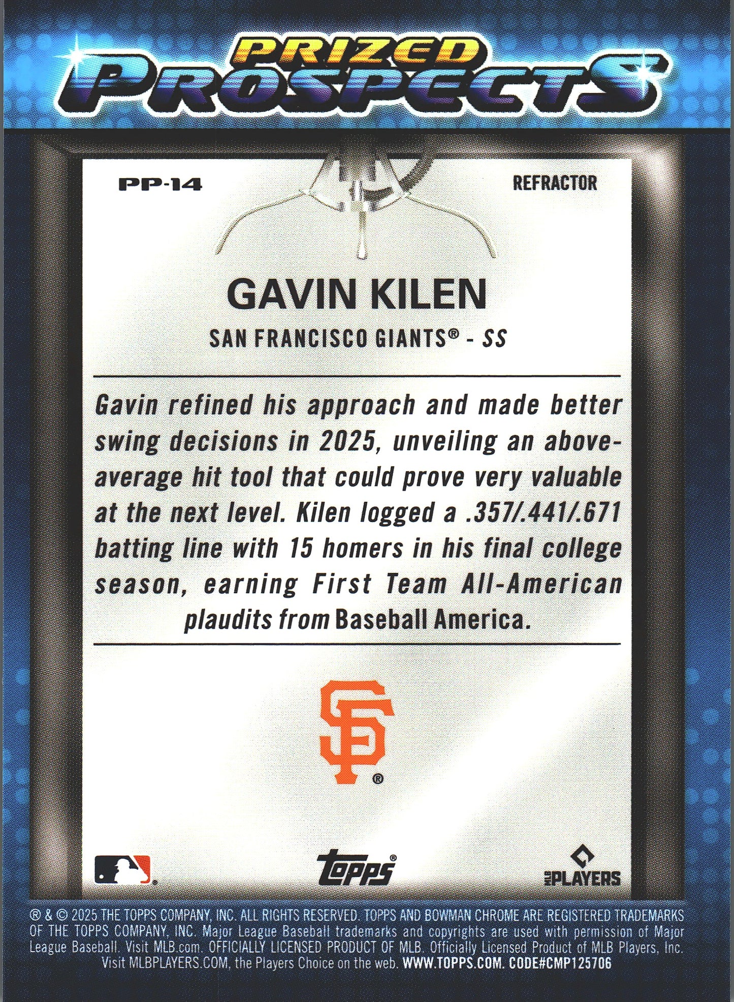 2025 Topps Bowman Draft /250 Gavin Kilen #PP-14 San Francisco Giants