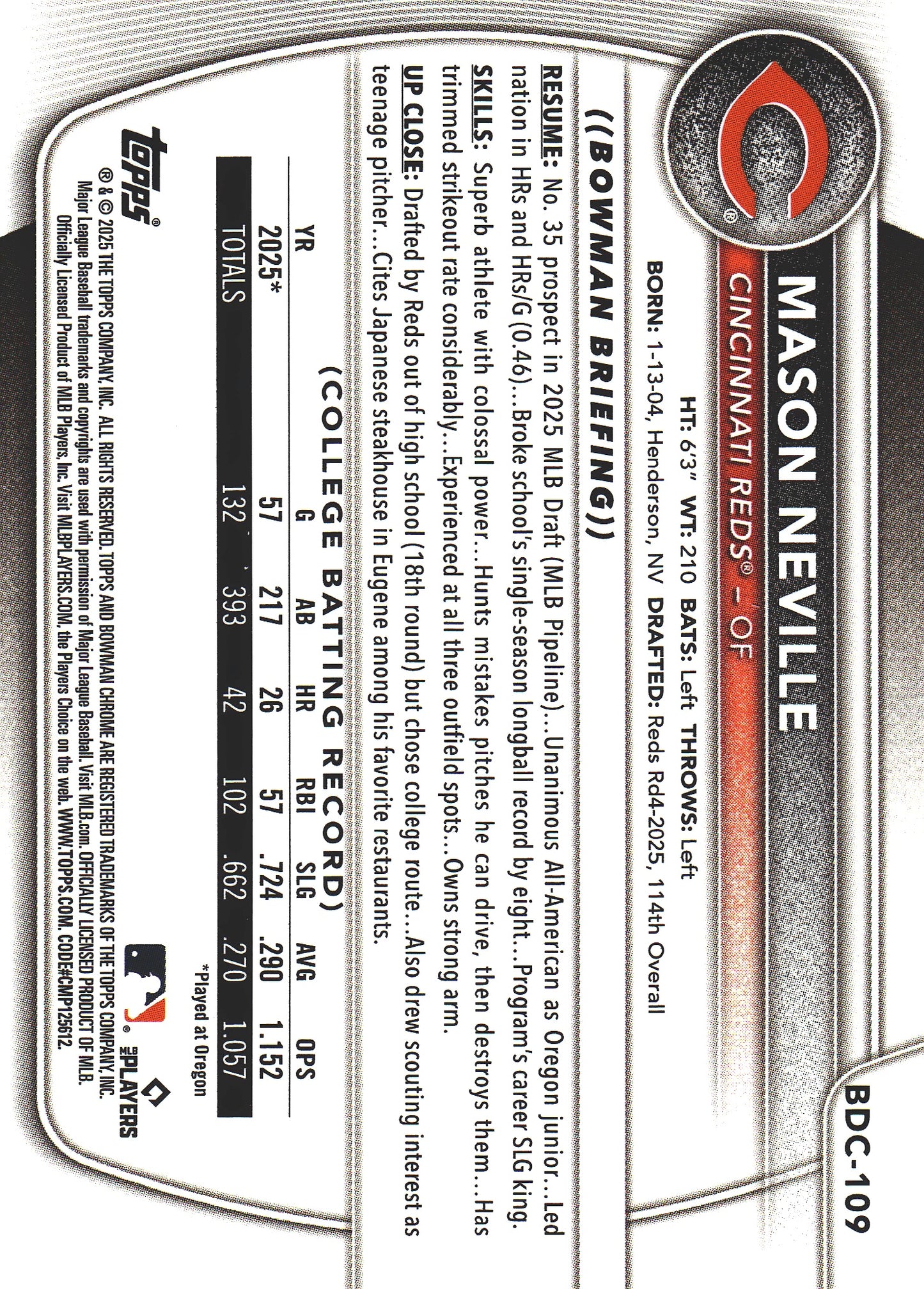 2025 Topps Bowman Draft Chrome Purple /250 1st Mason Neville #BDC-109 Cincinnati Reds