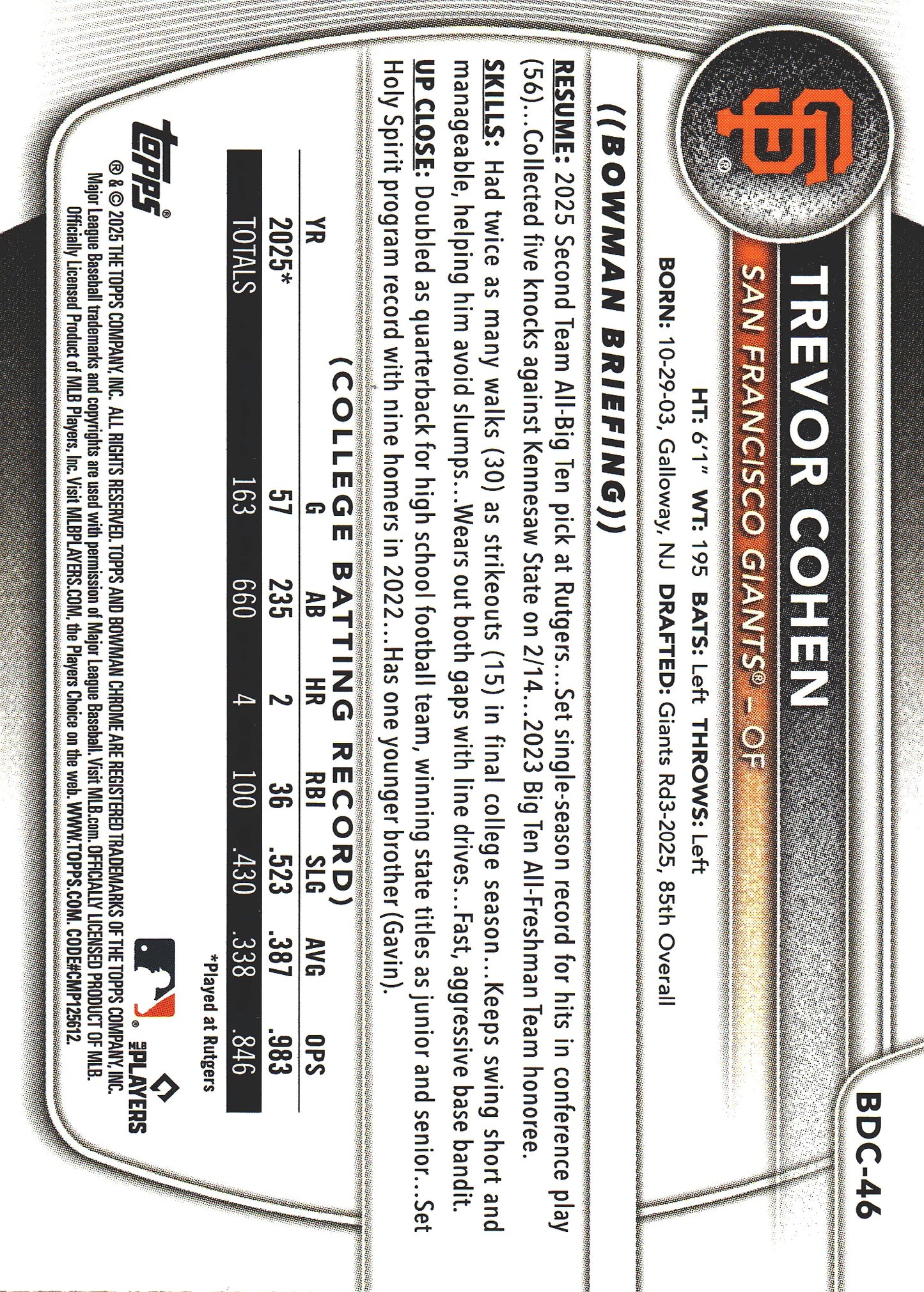 2025 Topps Bowman Draft Chrome Reptilian Fuchsia /199 1st Trevor Cohen #BDC-46 San Francisco Giants