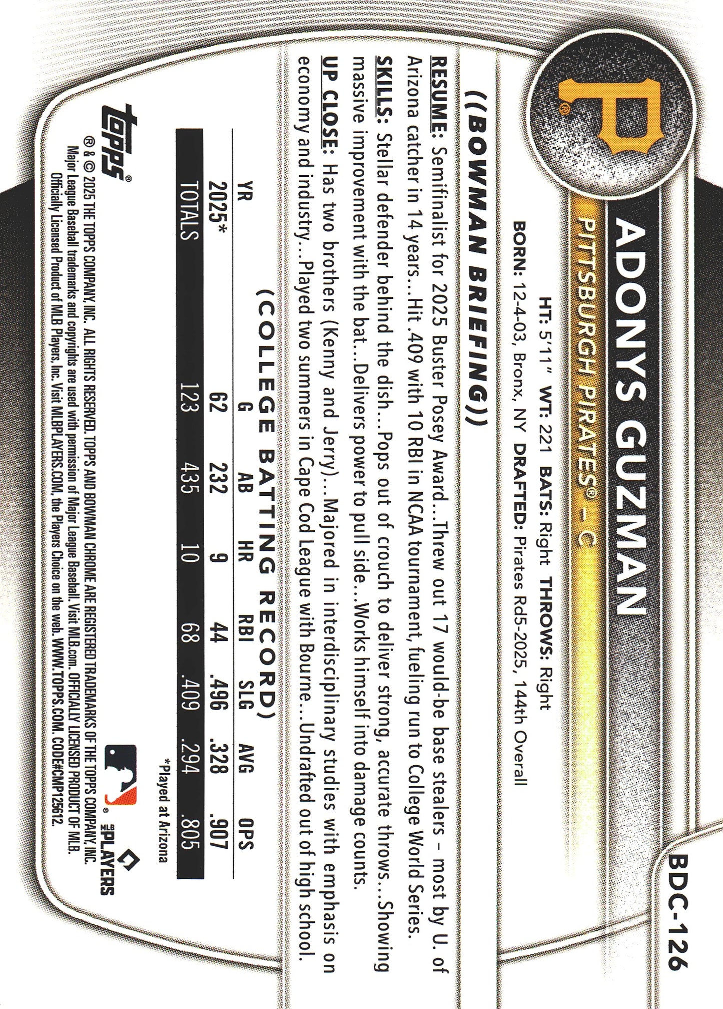 2025 Topps Bowman Draft Chrome Reptilian Fuchsia /199 1st Adonys Guzman #BDC-126 Pittsburgh Pirates