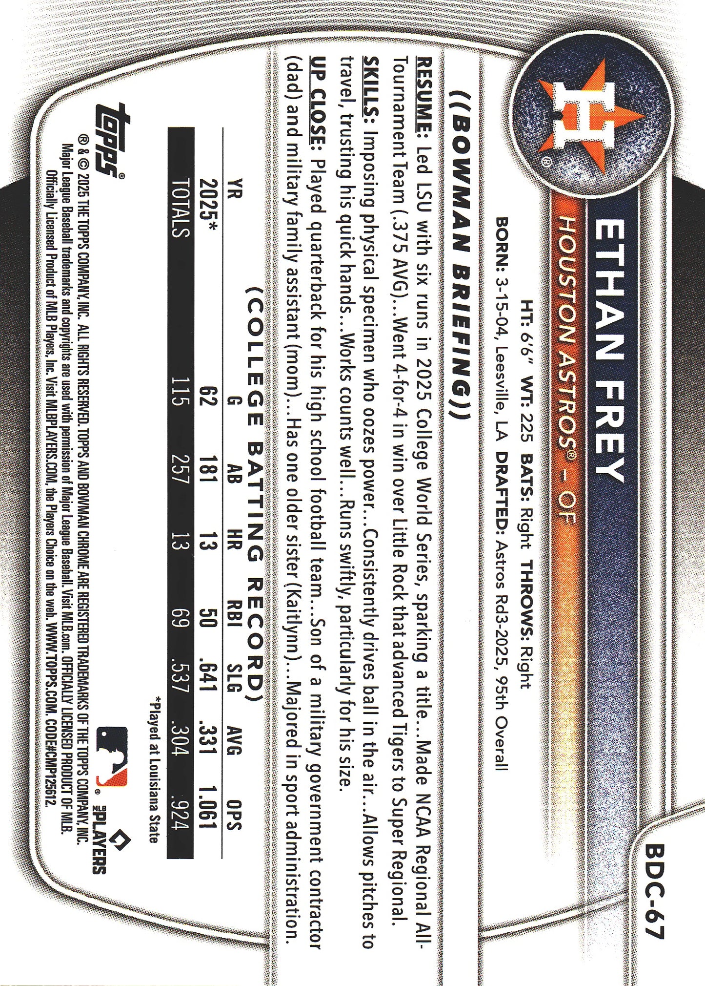 2025 Topps Bowman Draft Chrome Aqua Wave /125 1st Ethan Frey #BDC-67 Houston Astros