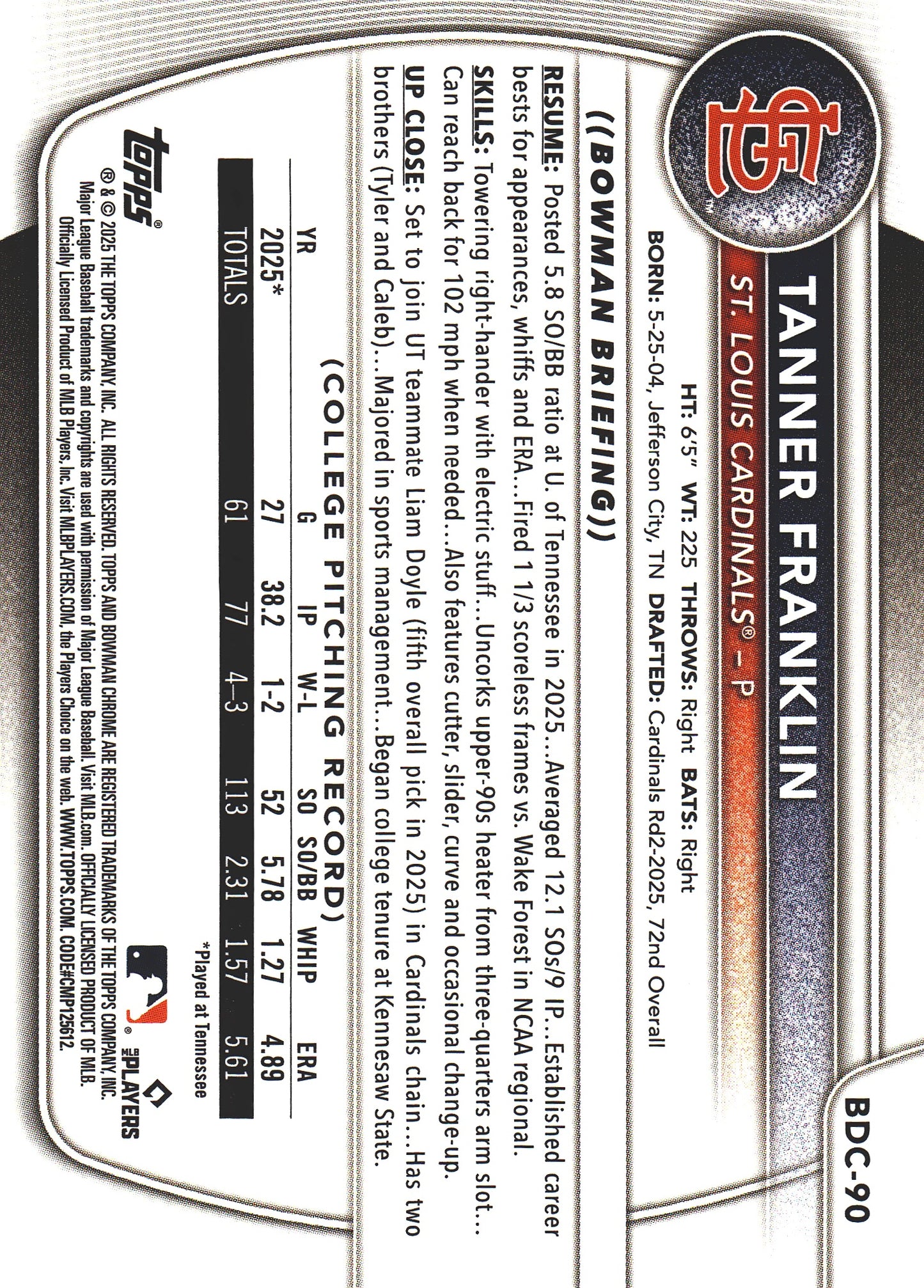 2025 Topps Bowman Draft Chrome Green /99 1st Tanner Franklin #BDC-90 St. Louis Cardinals