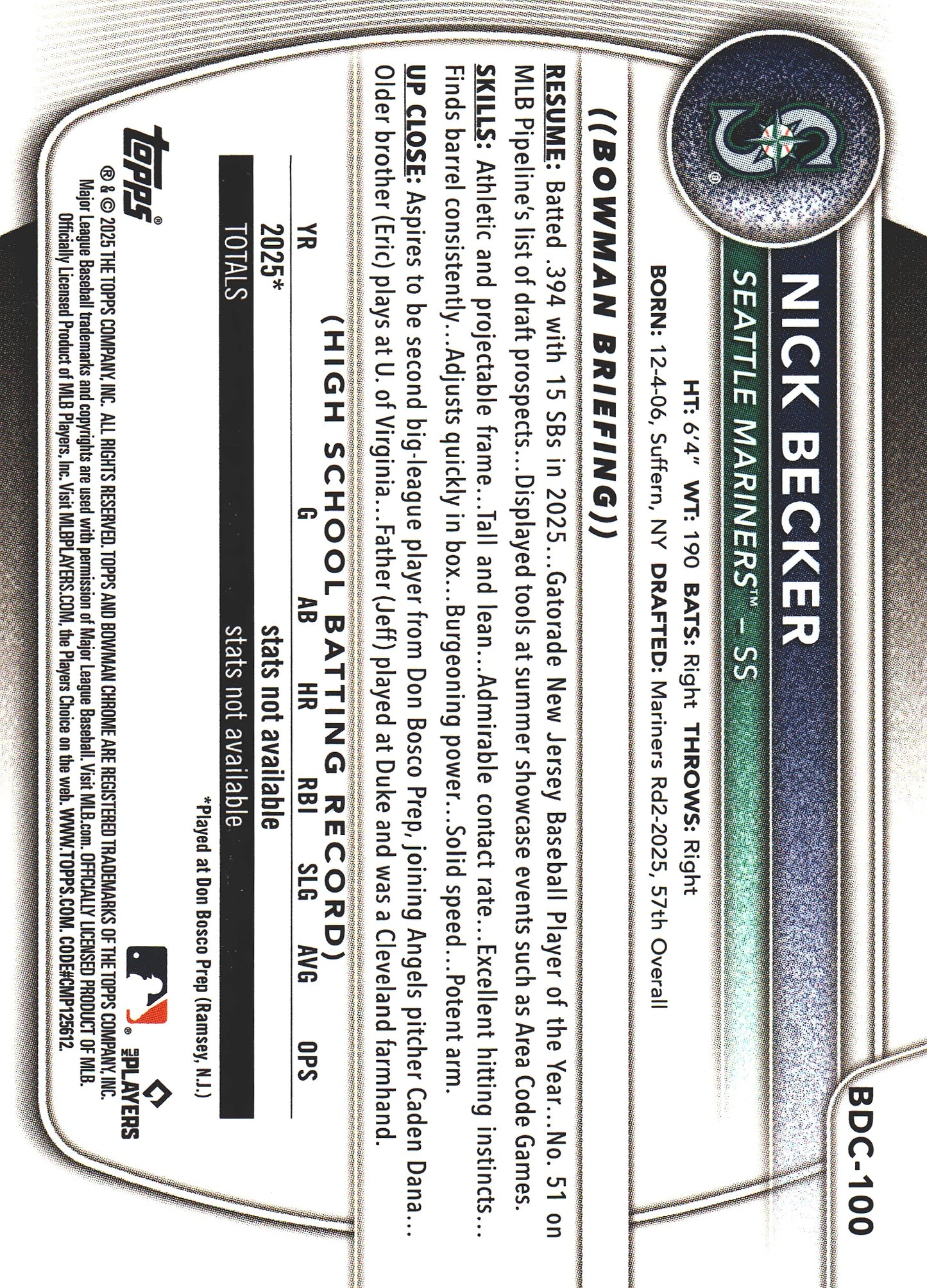 2025 Topps Bowman Draft Chrome Green /99 1st Nick Becker #BDC-100 Seattle Mariners