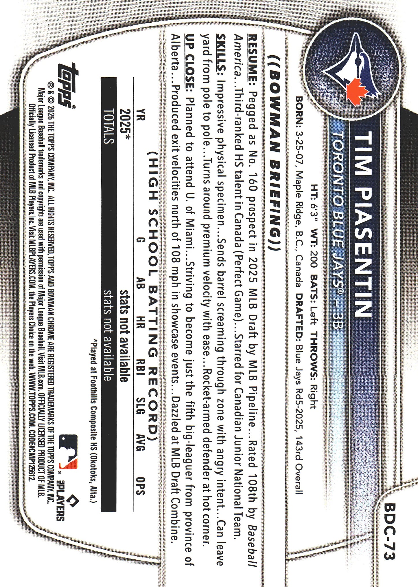 2025 Topps Bowman Draft Chrome Reptilian Green /99 1st Tim Piasentin #BDC-73 Toronto Blue Jays