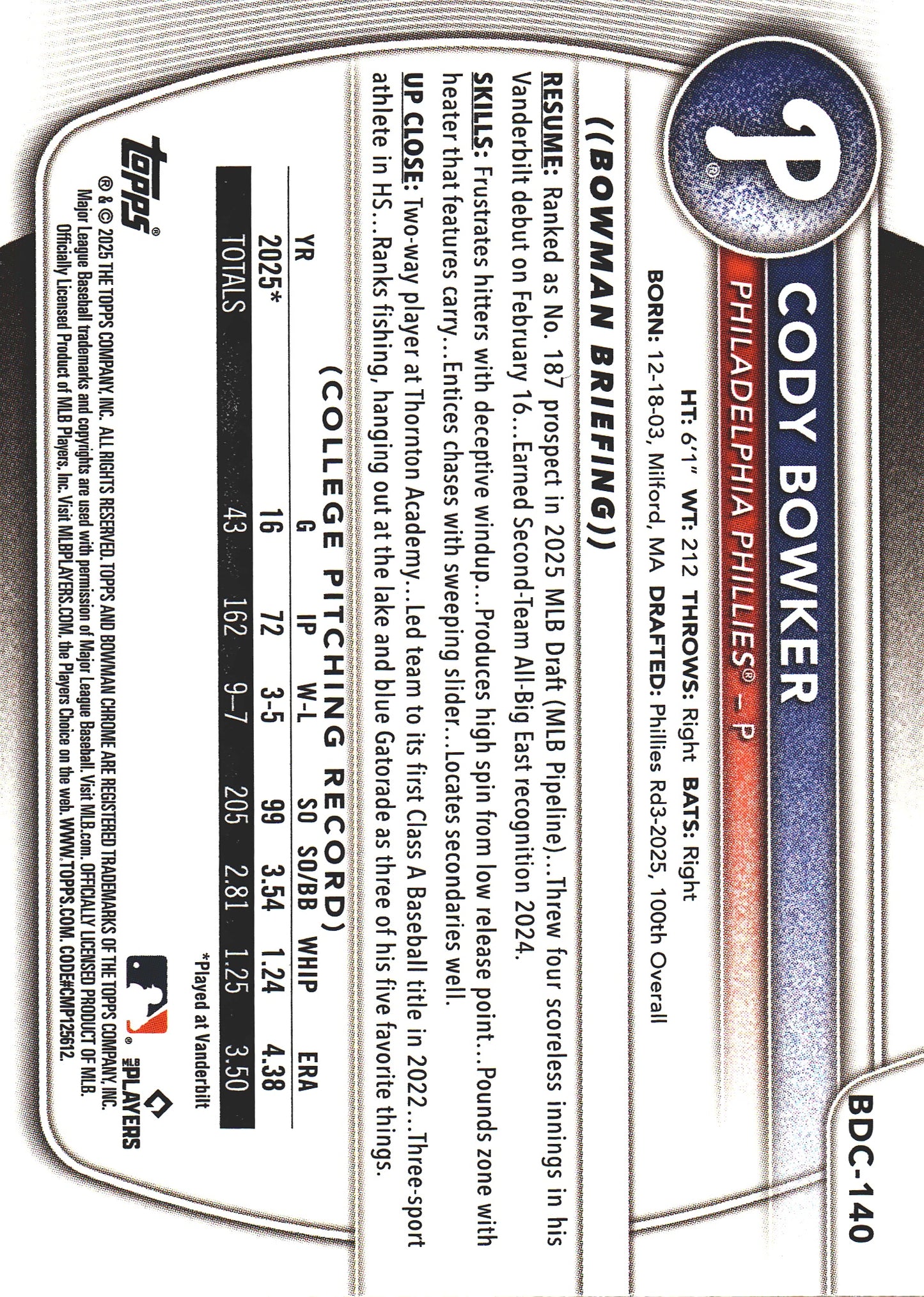 2025 Topps Bowman Draft Chrome Grass /99 1st Cody Bowker #BDC-140 Philadelphia Phillies