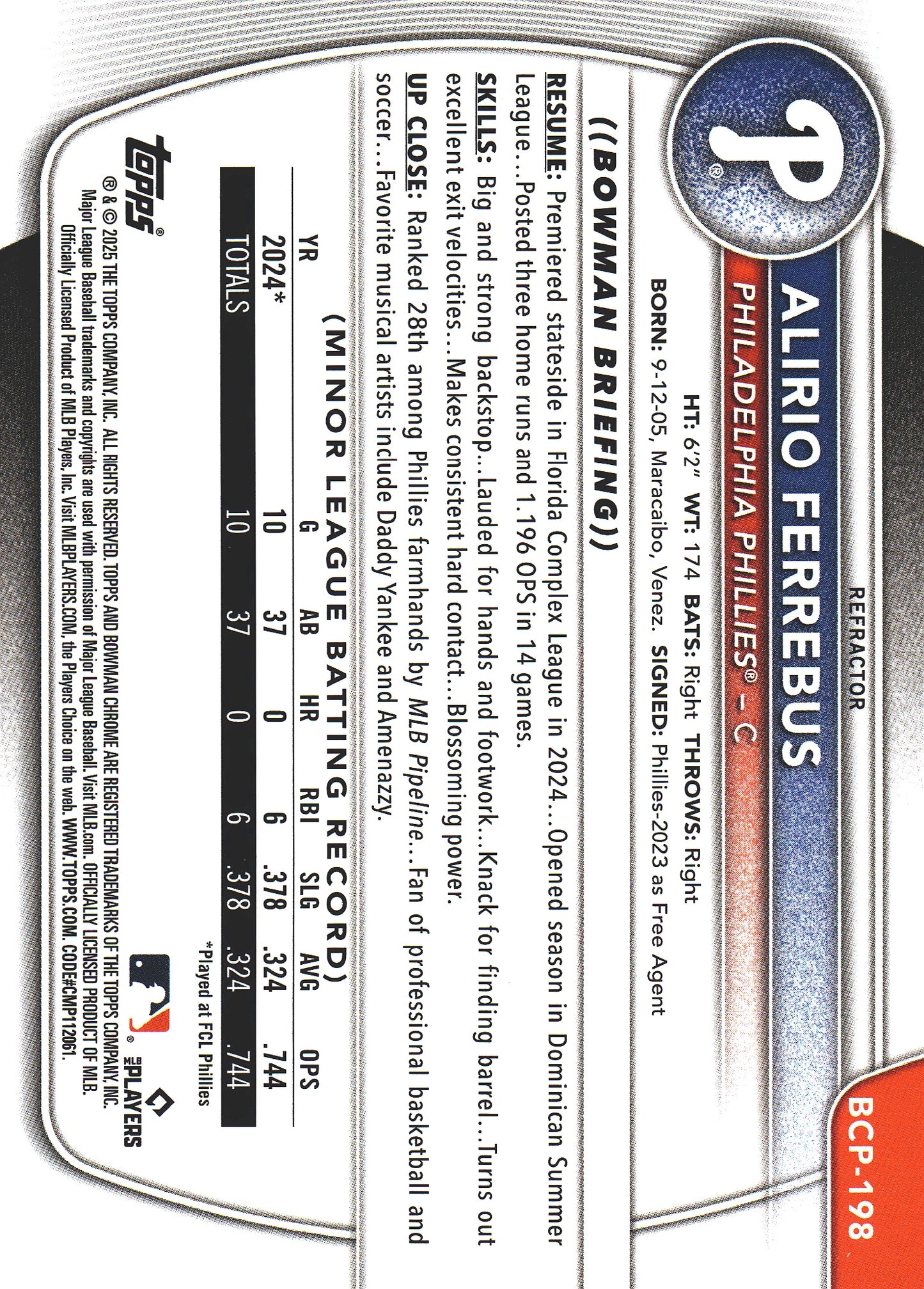 2025 Topps Bowman Chrome Prospects /499 1st Alirio Ferrebus #BCP-198 Philadelphia Phillies