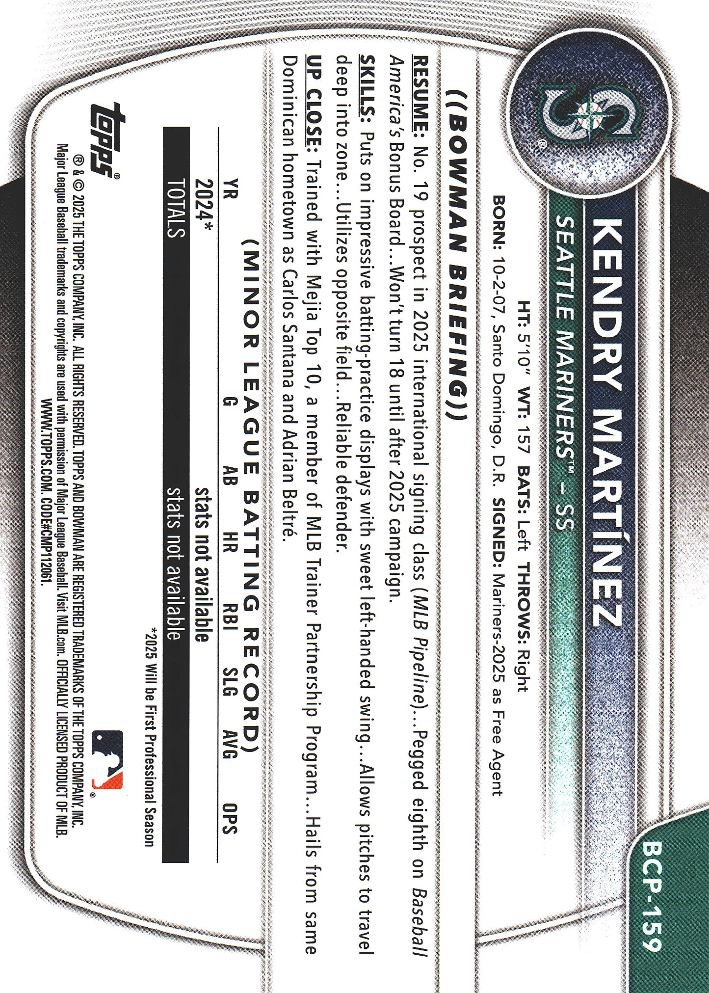 2025 Topps Bowman Chrome Prospects Geometric /499 1st Kendry Martínez #BCP-159 Seattle Mariners