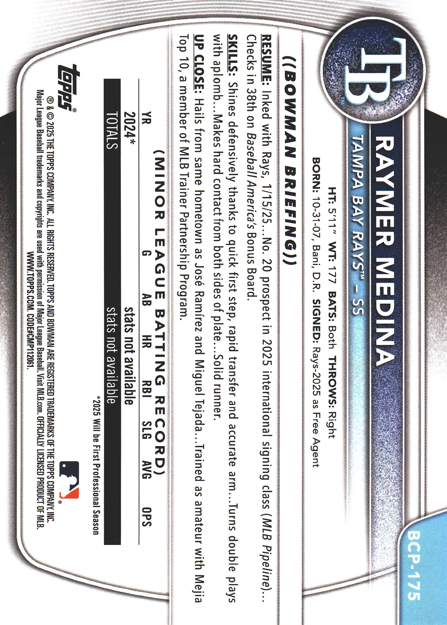 2025 Topps Bowman Chrome Prospects Geometric /499 1st Raymer Medina #BCP-175 Tampa Bay Rays