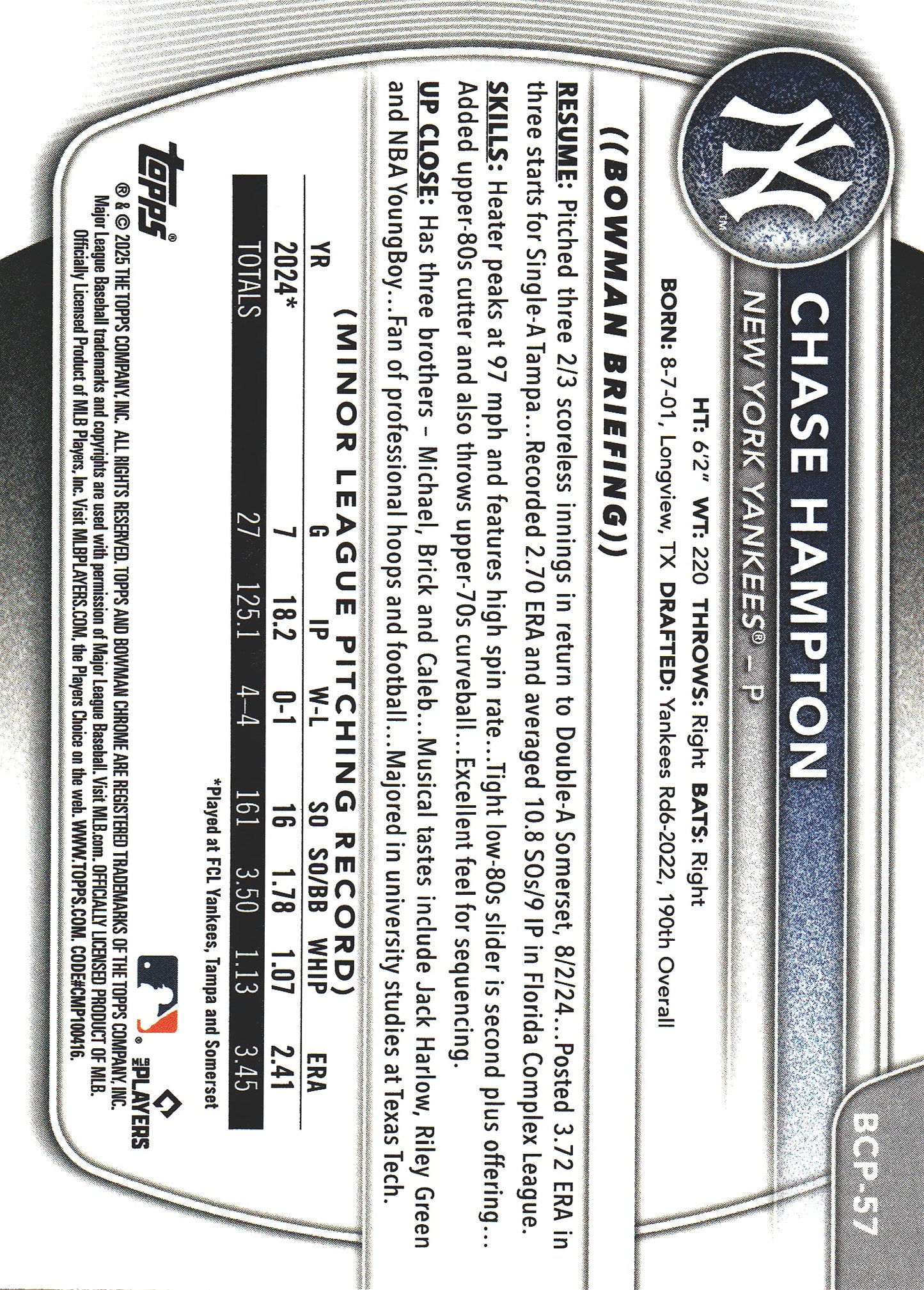 2025 Topps Bowman Chrome Prospects Lava /399 1st Chase Hampton #BCP-57 New York Yankees