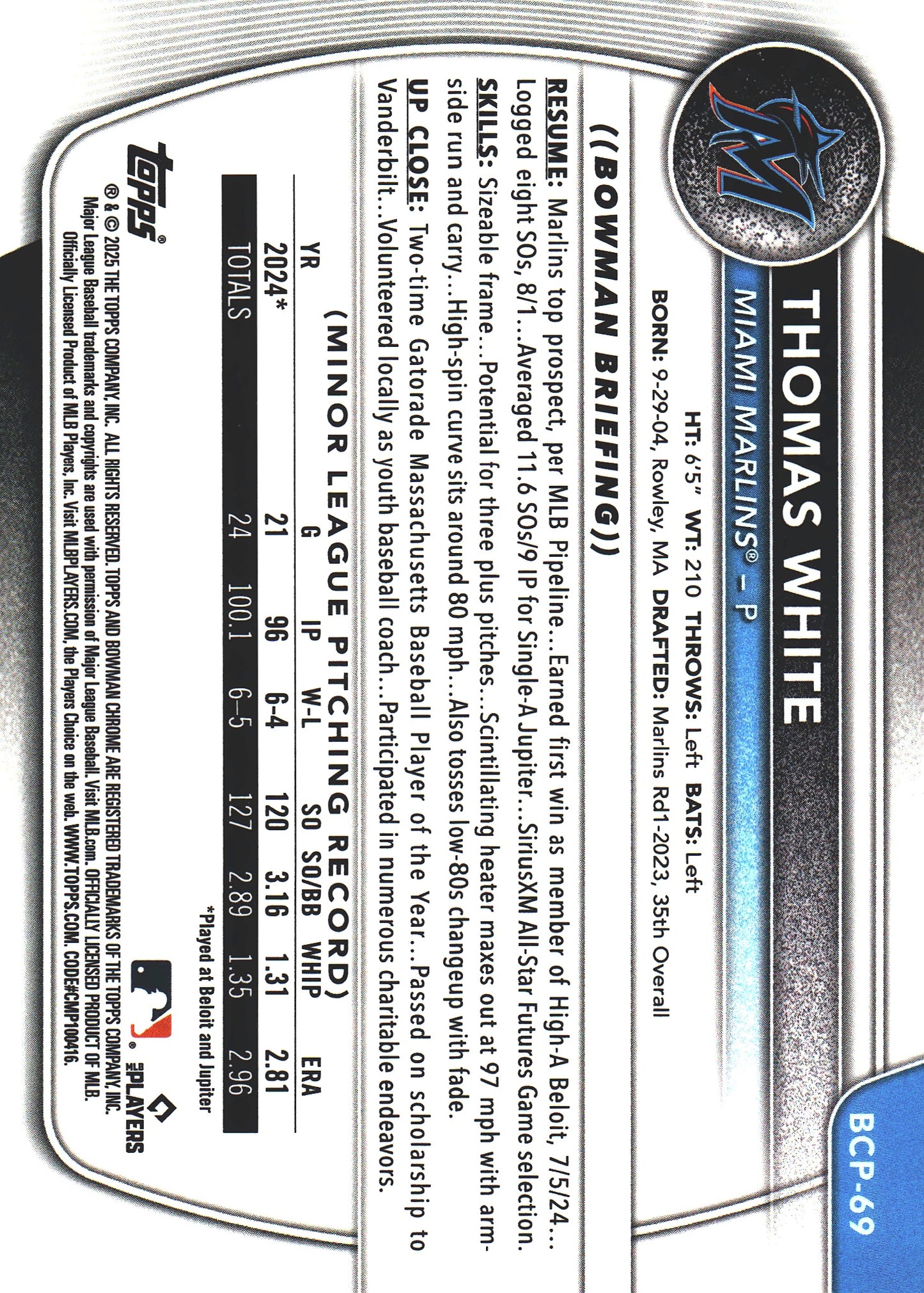 2025 Topps Bowman Chrome Prospects Wave /350 1st Thomas White #BCP-69 Miami Marlins