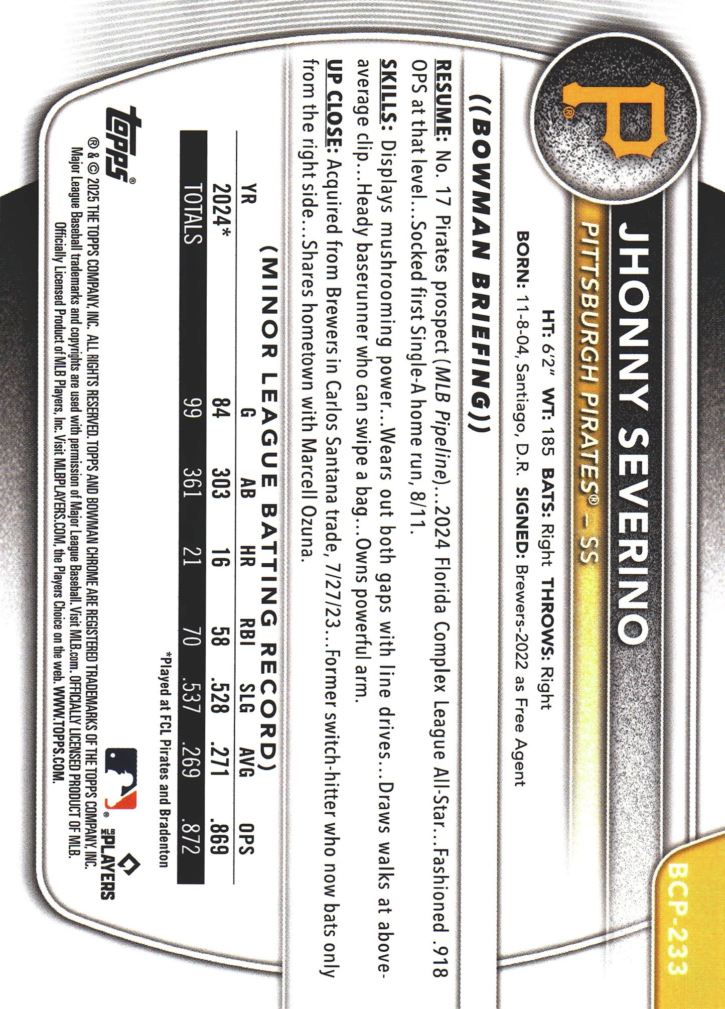 2025 Topps Bowman Chrome Prospects Aqua Mojo /299 1st Jhonny Severino #BCP-233 Pittsburgh Pirates